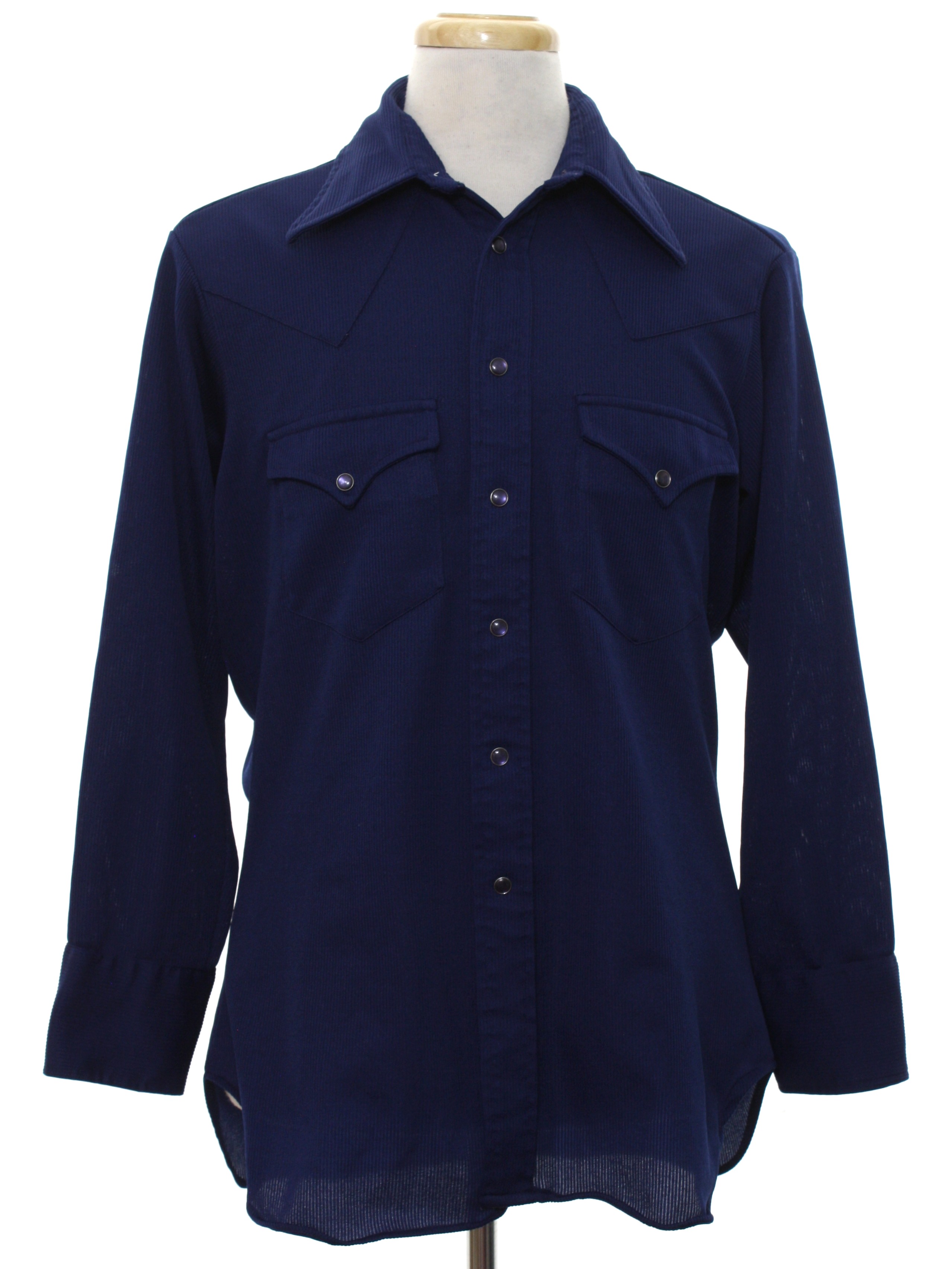 70s Retro Western Shirt: Late 70s -Sheplers- Mens navy blue rib knit ...