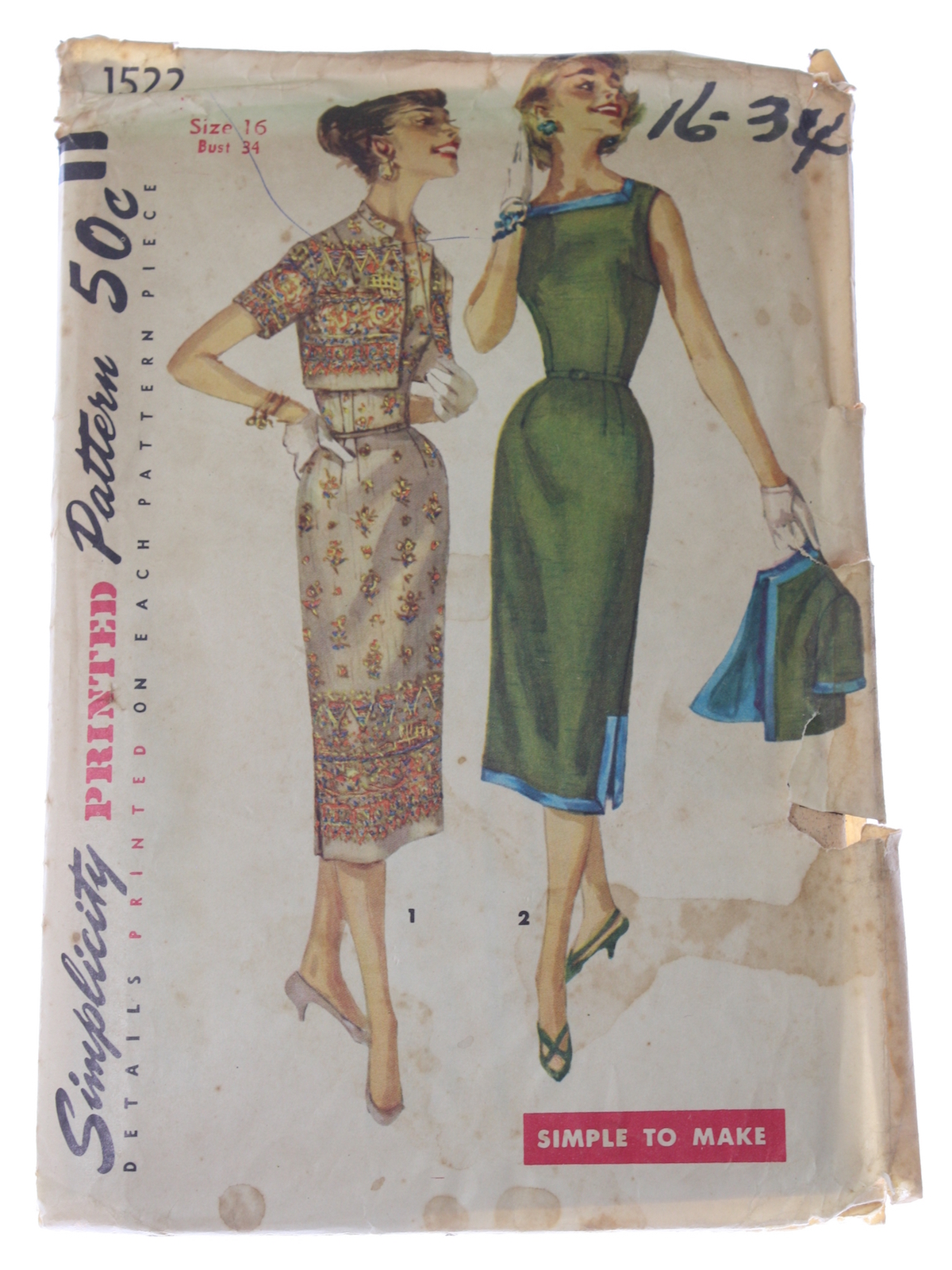 Retro 50 S Sewing Pattern 1956 Simplicity Pattern No 1522 Misses One Piece Dress And Jacket This Simple To Make Sheath Dress Is Sleeveless And Has A Square Neckline And Slim Skirt The