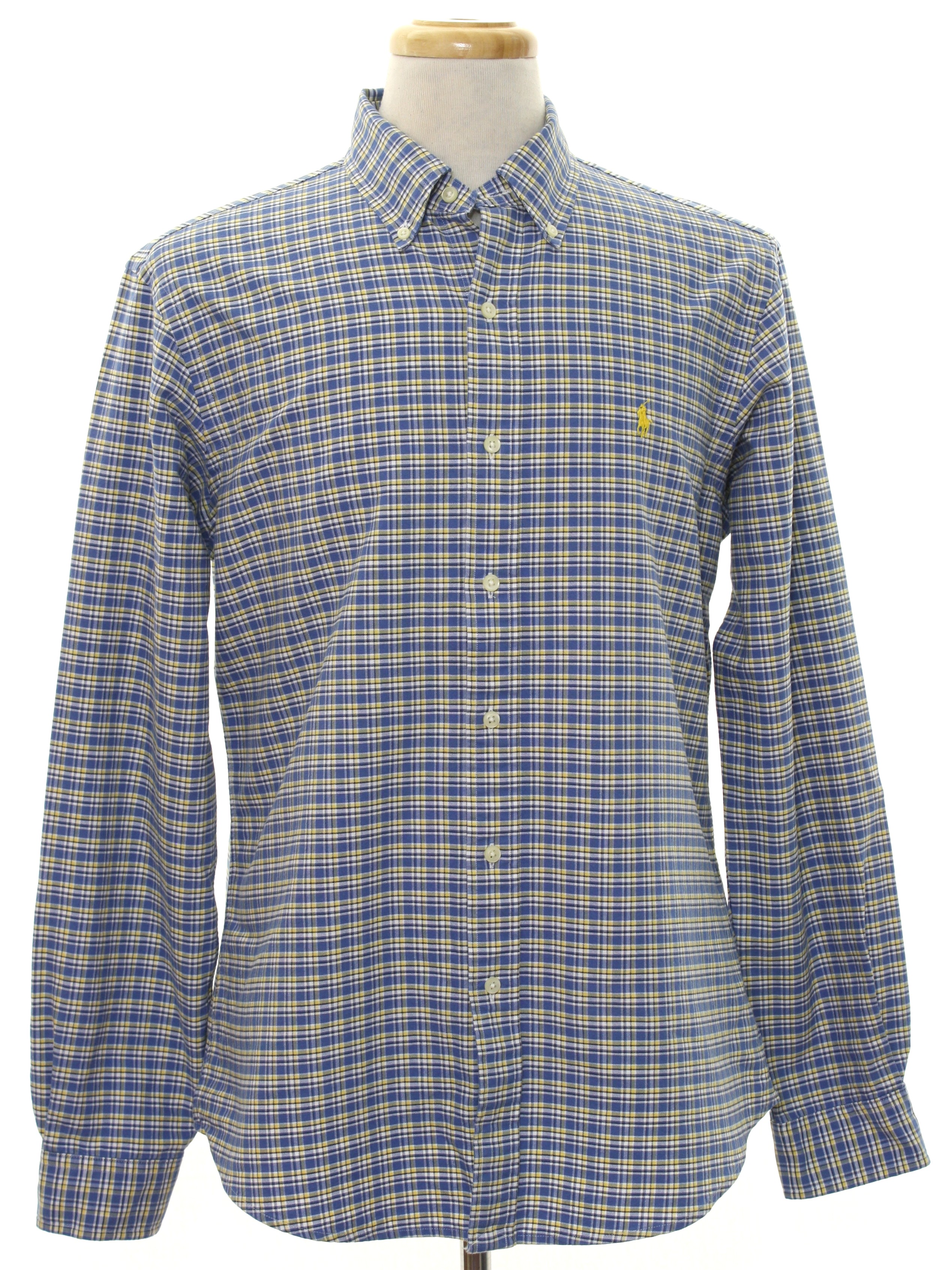 90's Ralph Lauren Shirt: 90s -Ralph Lauren- Mens white background, blue,  yellow tattersall plaid cotton oxford cloth preppy dress shirt with  longsleeves, slightly fitted sides, shirttails hemline, button front and  cuffs, and