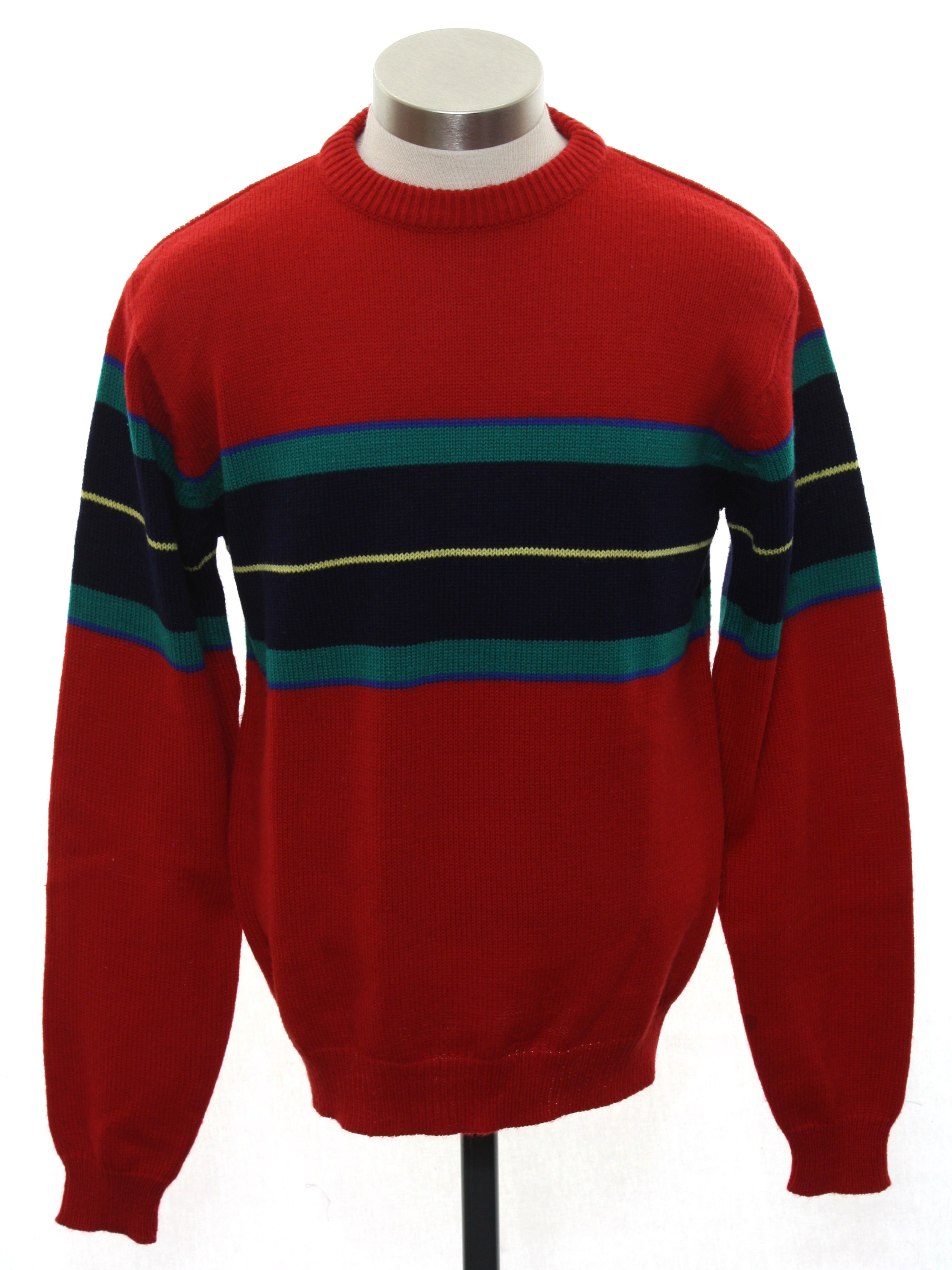 1970's Sweater (JC Penney) 70s JC Penney Mens/Boys red background with navy and sky blues