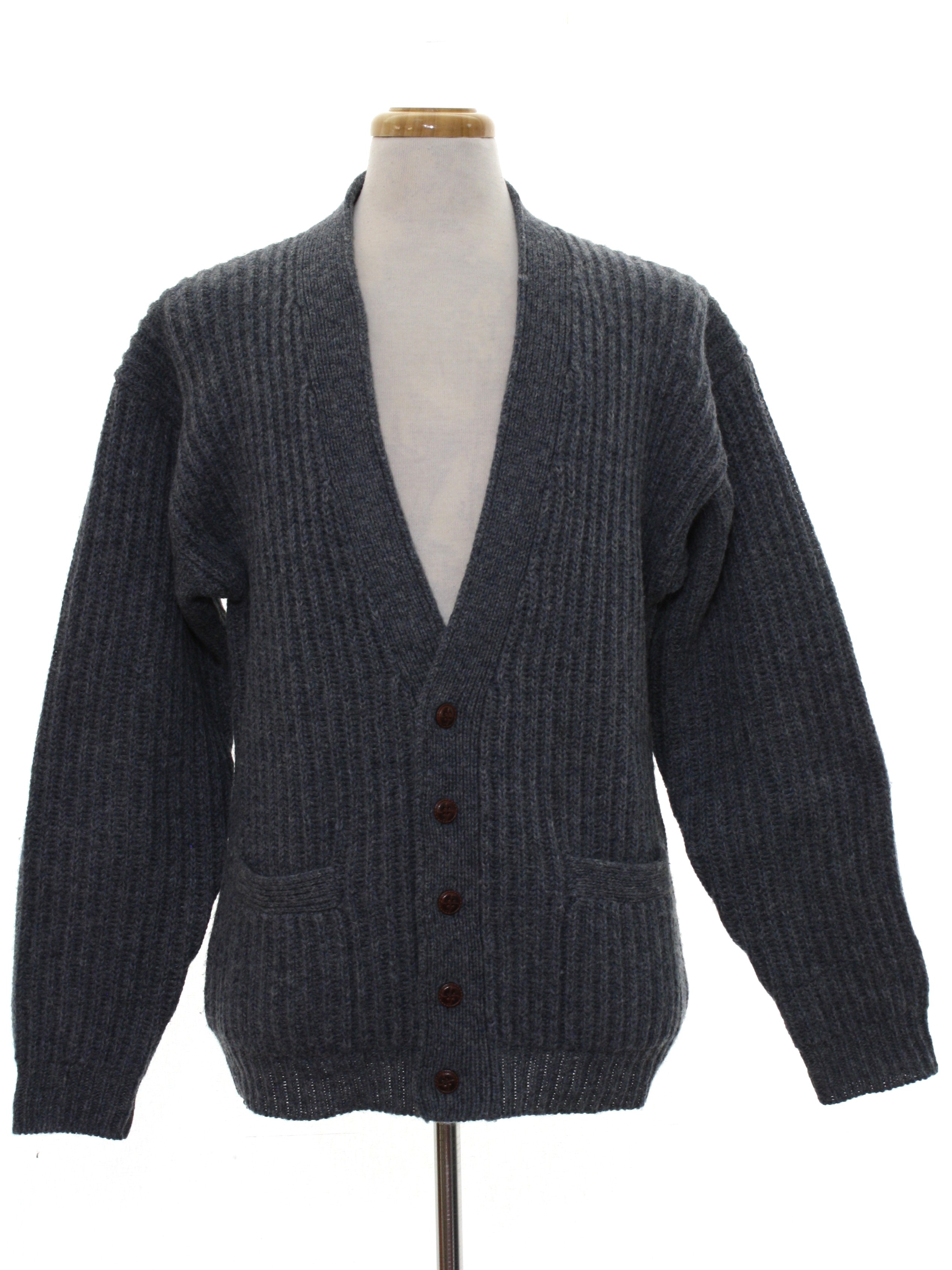 Vintage 1980's Caridgan Sweater: 80s -Crew-- Mens heathered grey woven ...
