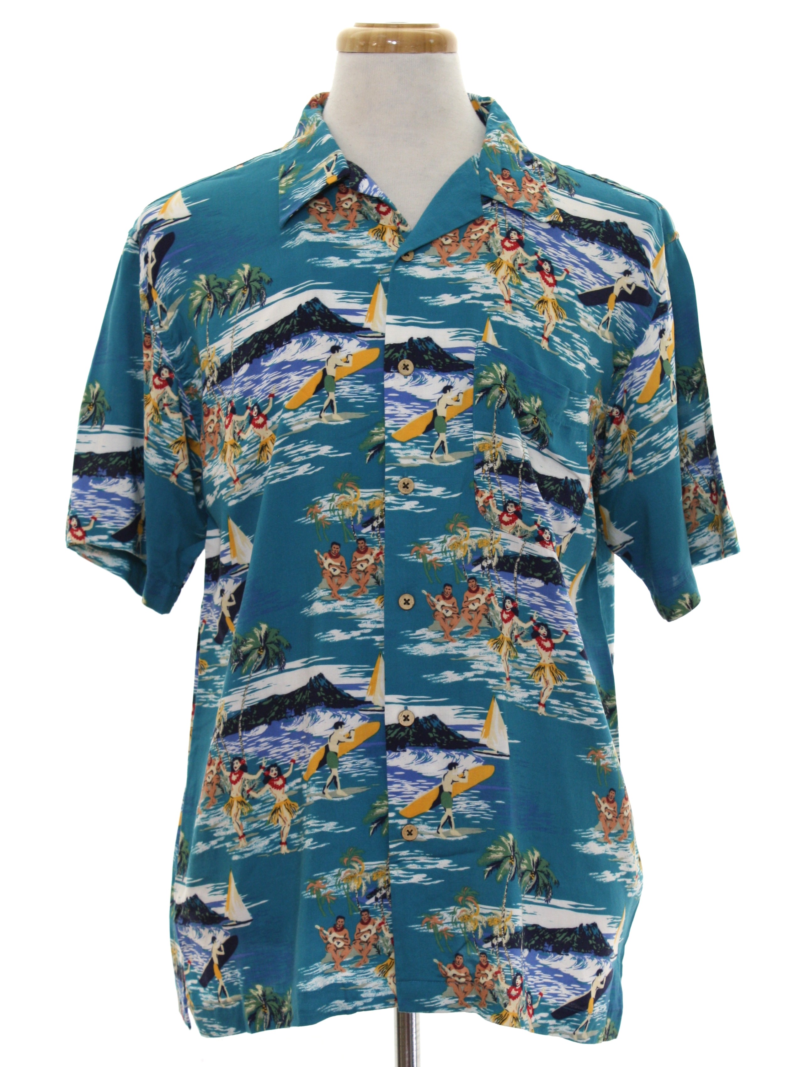 Retro 90's Hawaiian Shirt: 90s -Cherokee Waikiki Wear- Mens teal ...