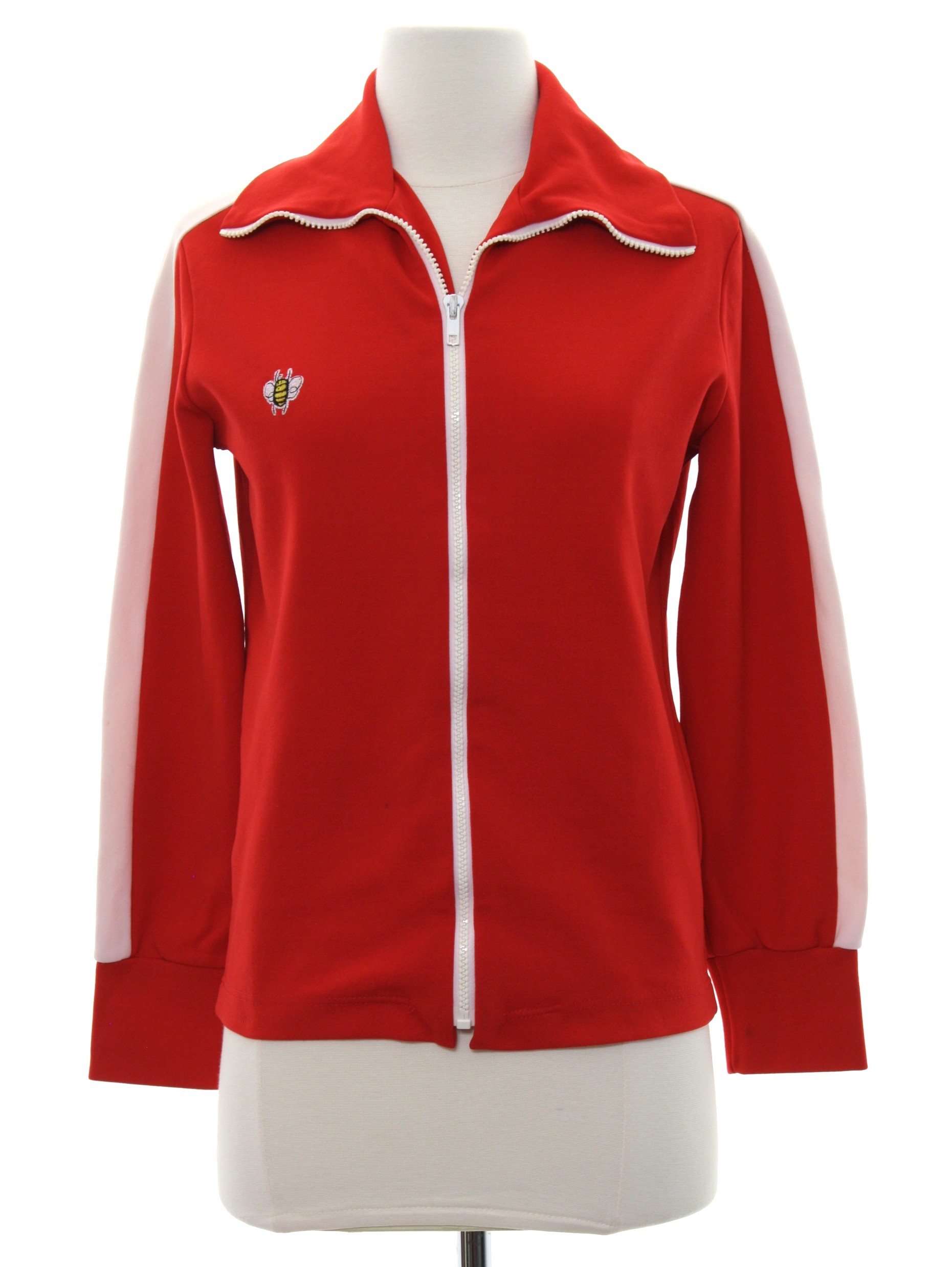 sleeves, Womens Label embroidered front on chest 70\'s Stripes No white nylon the 70s down design the bee and right Vintage Label- red longsleeve or an jacket. jogging zip -No Jacket: track