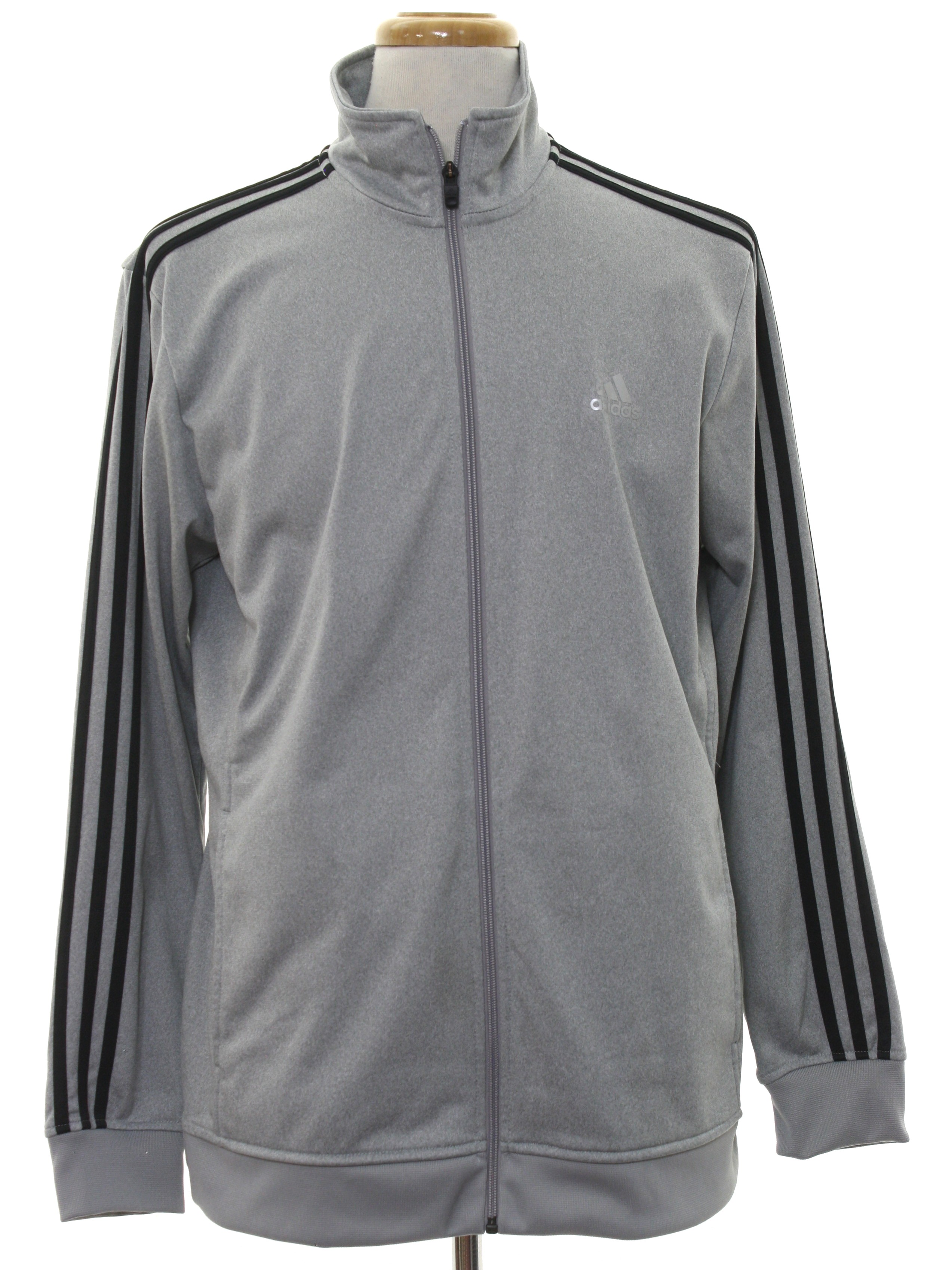 Santo Gobernable meteorito Jacket: 90s -Adidas- Mens heathered light grey background polyester  longsleeve zip front track jacket. Jacket has black striping down the  shoulders and tops of the sleeves and a light grey -Adidas- logo