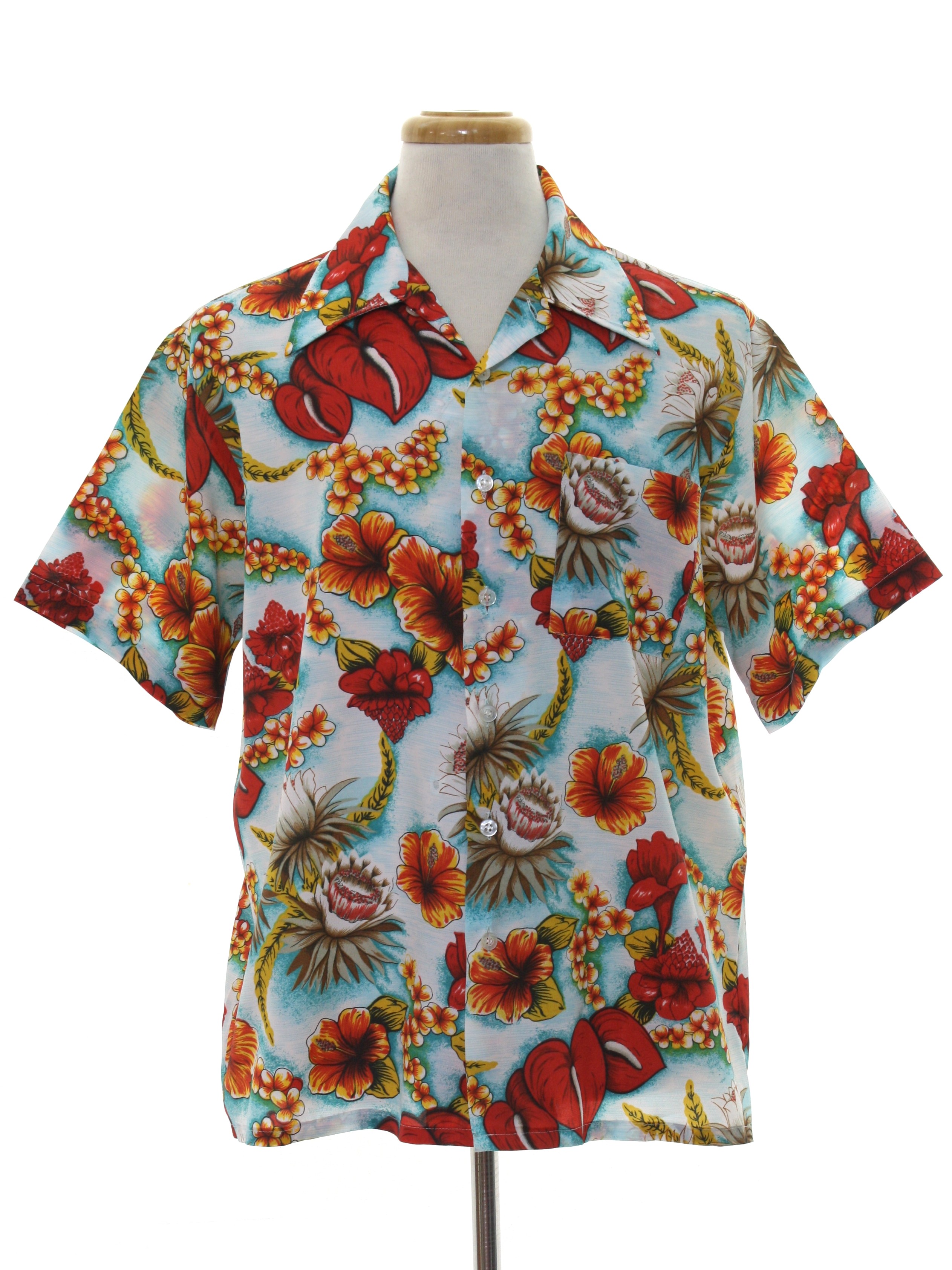 1970's Retro Hawaiian Shirt: 70s -Waikiki- Mens white background, black ...