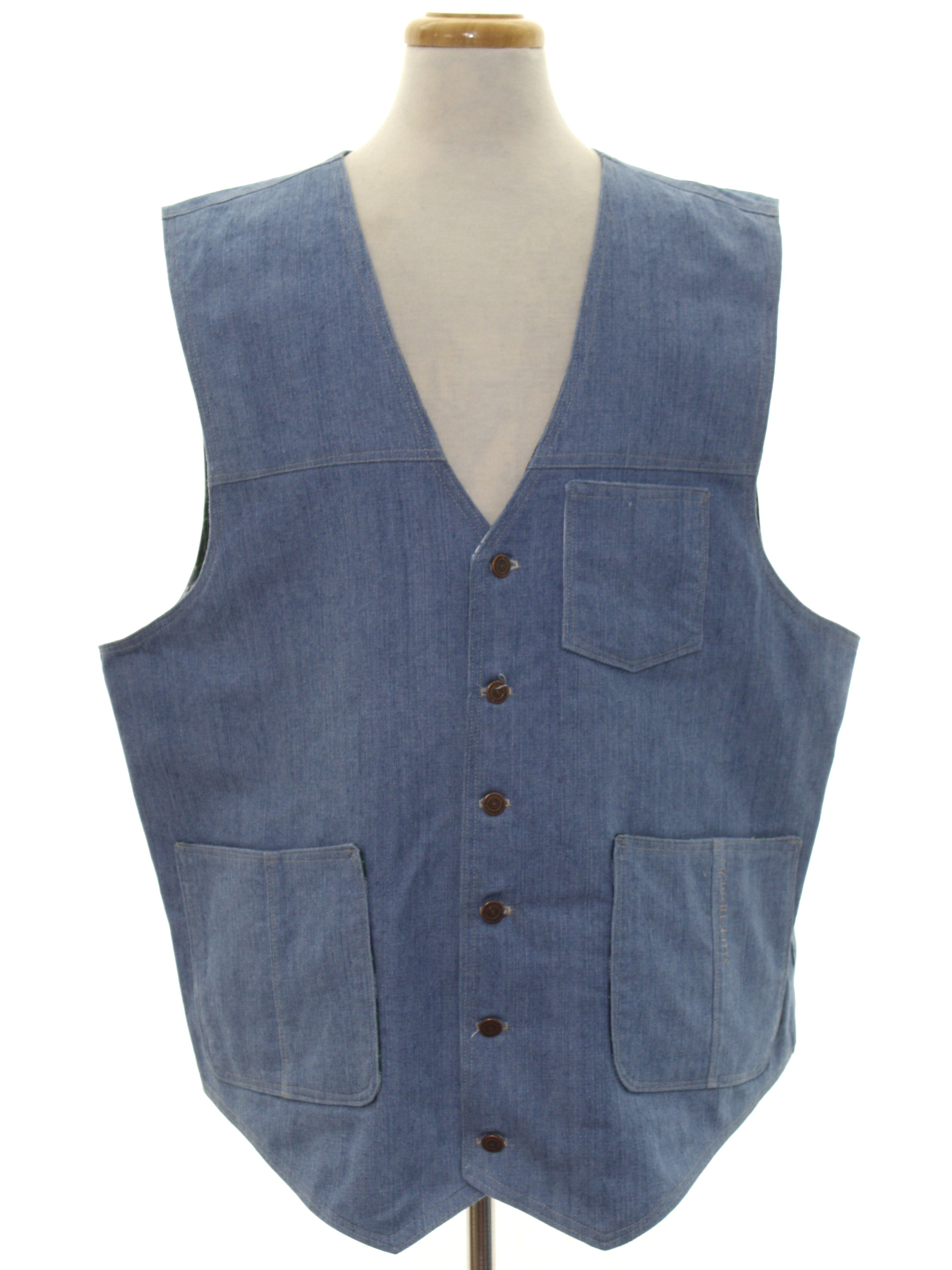 Retro Eighties Vest: 80s -(Home Sewn)- Mens pale blue cotton denim and ...