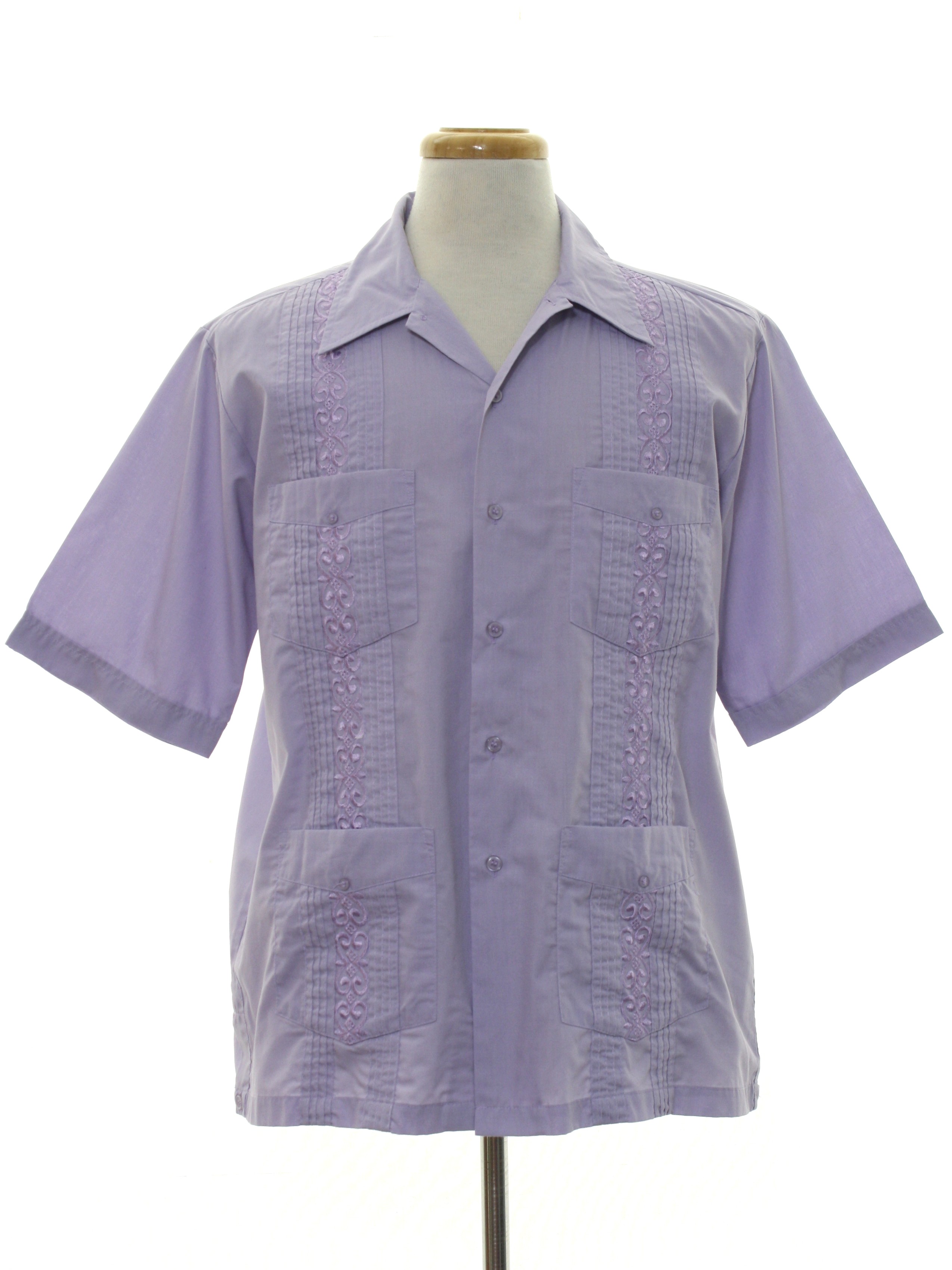 Guayabera Shirt: 90s -Tropicool- Mens light purple background polyester ...
