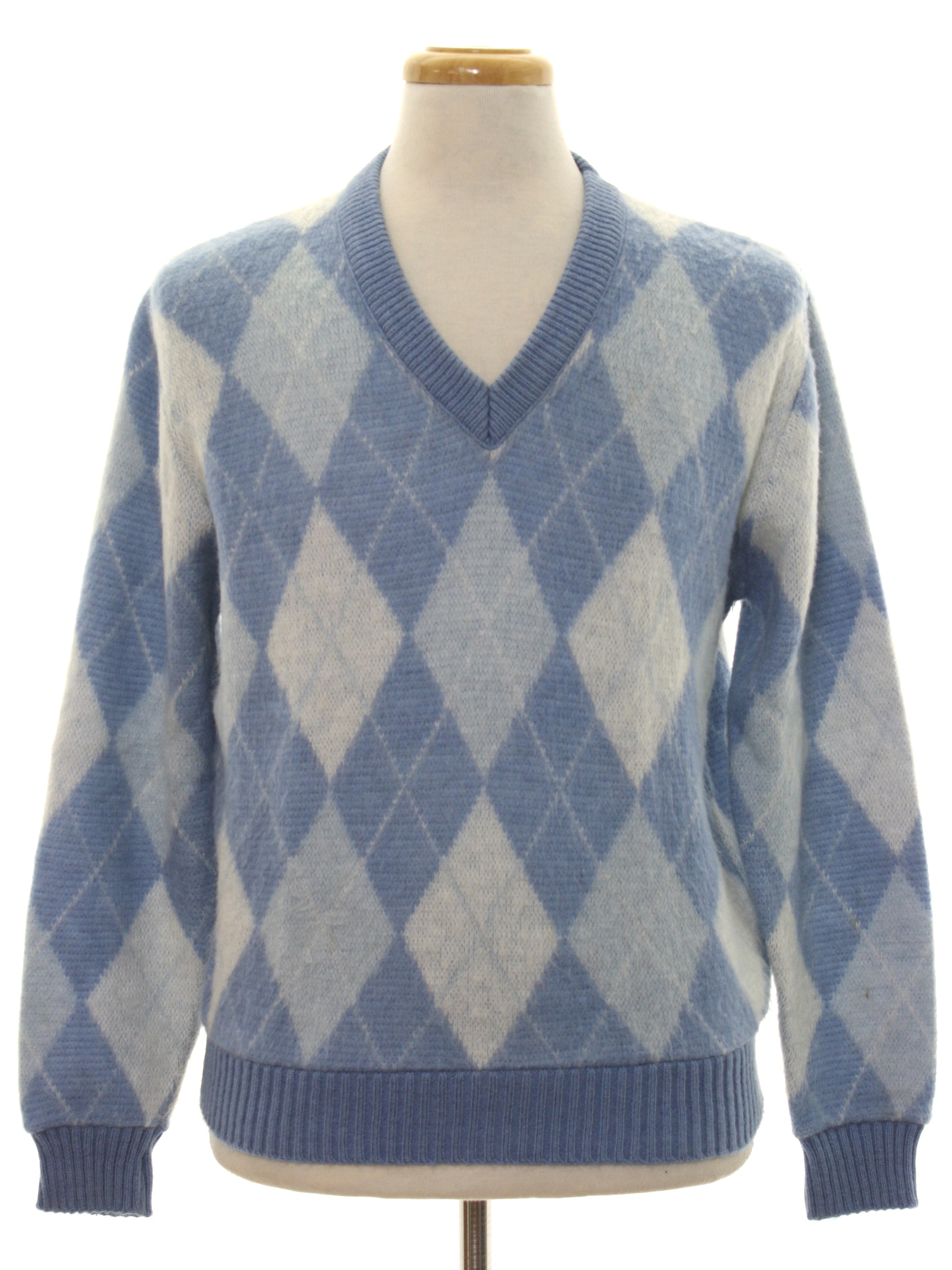 Retro 1960s Sweater: Late 60s -Jantzen- Mens light blue, white and
