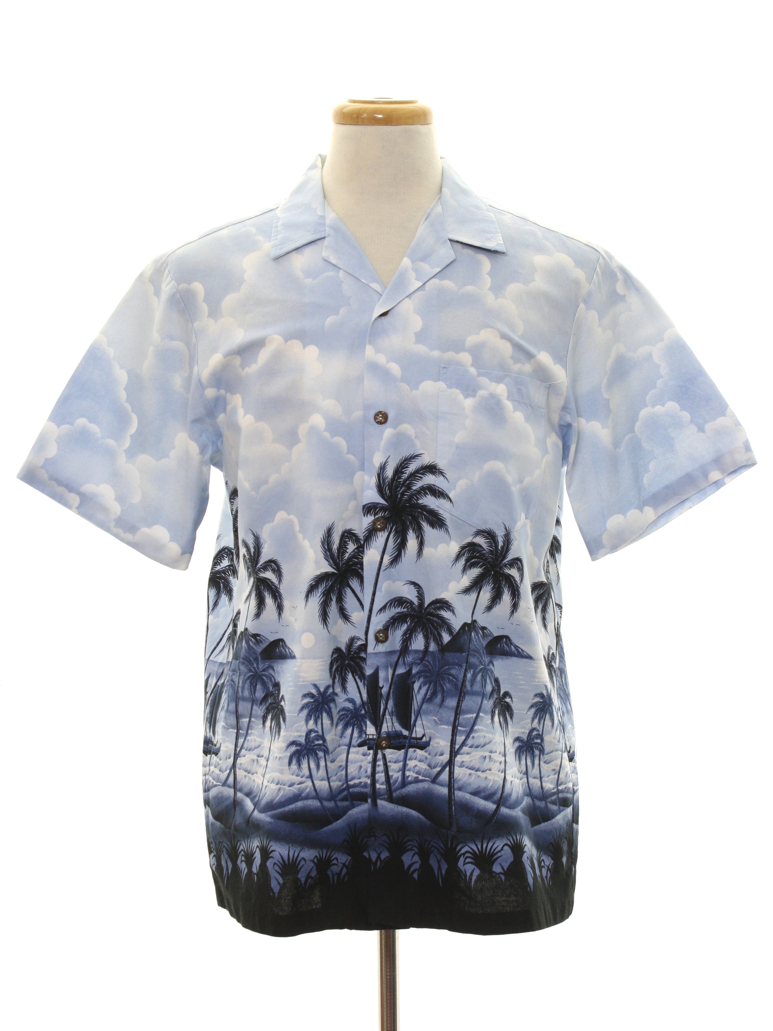 Vintage 1990's Hawaiian Shirt: 90s -RJC- Mens shades ofblue cotton