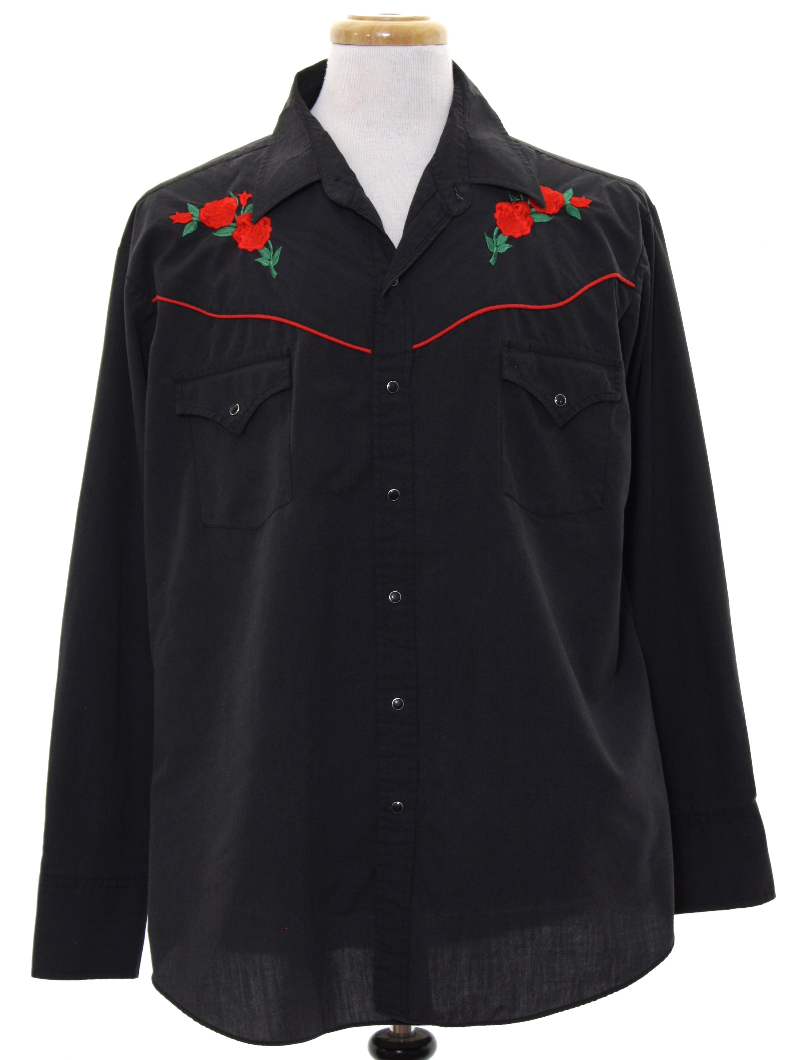 Eighties Ely Western Shirt: 80s -Ely- Mens black polyester cotton blend ...