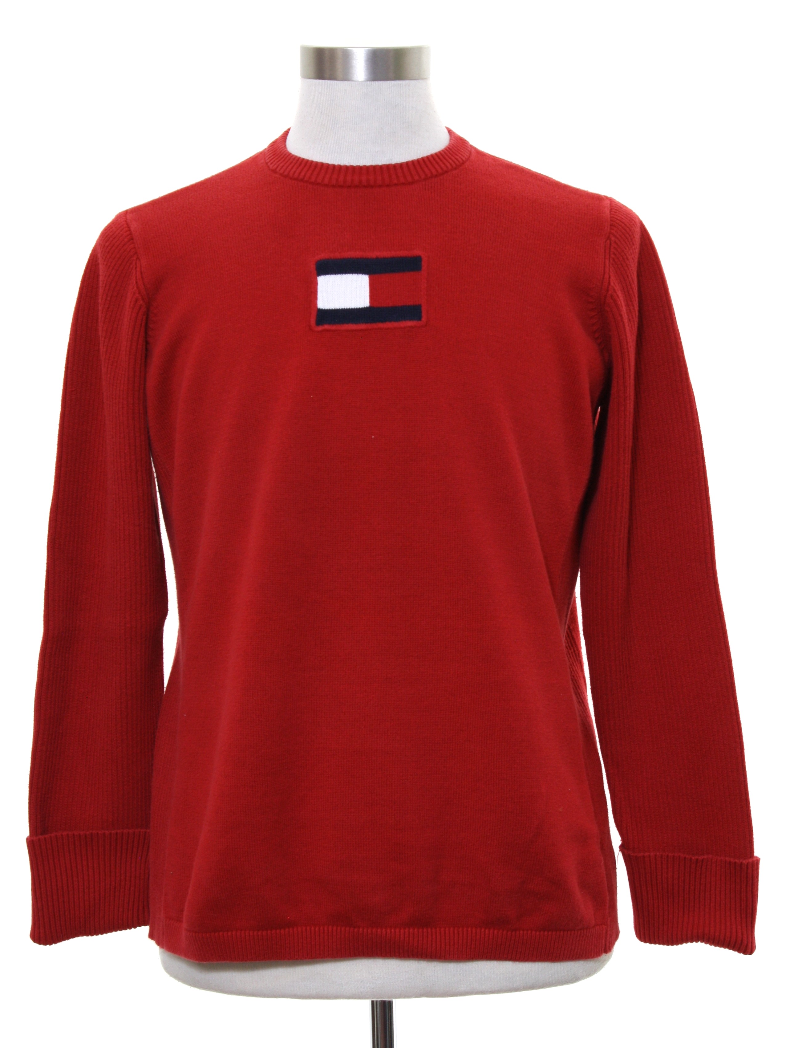 Tommy Hilfiger 90's Vintage Sweater: 90s -Tommy Hilfiger- Womens cranberry red cotton knit ribbed knit cuff longsleeve pullover sweater. Solid color with ribbed banding down the sides and sleeves, a blue,