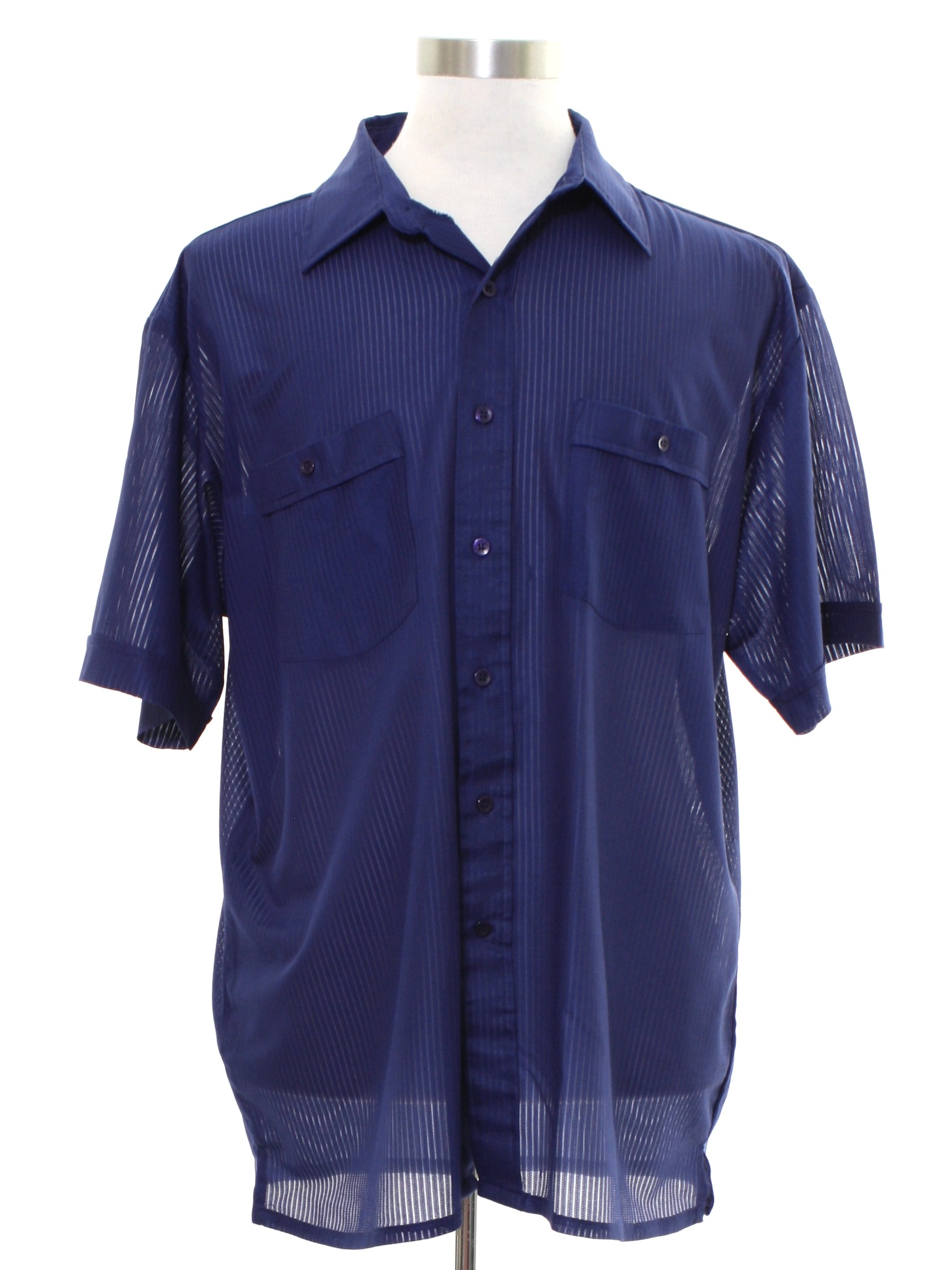 70's Shirt: 80s -No Label- Mens navy blue semi-sheer polyester short ...