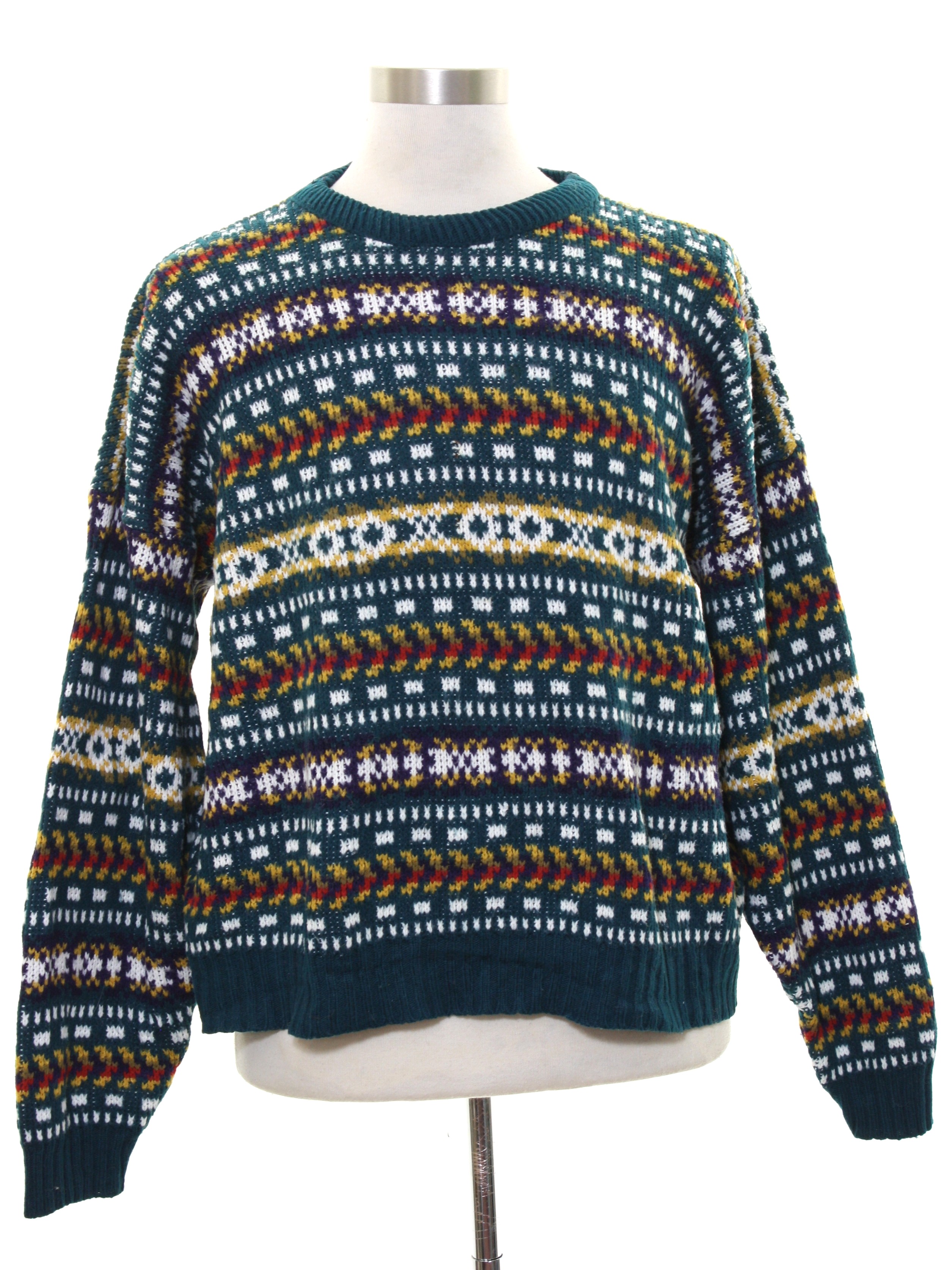 1980's Sweater (Scandia): 80s -Scandia- Mens teal background acrylic ...