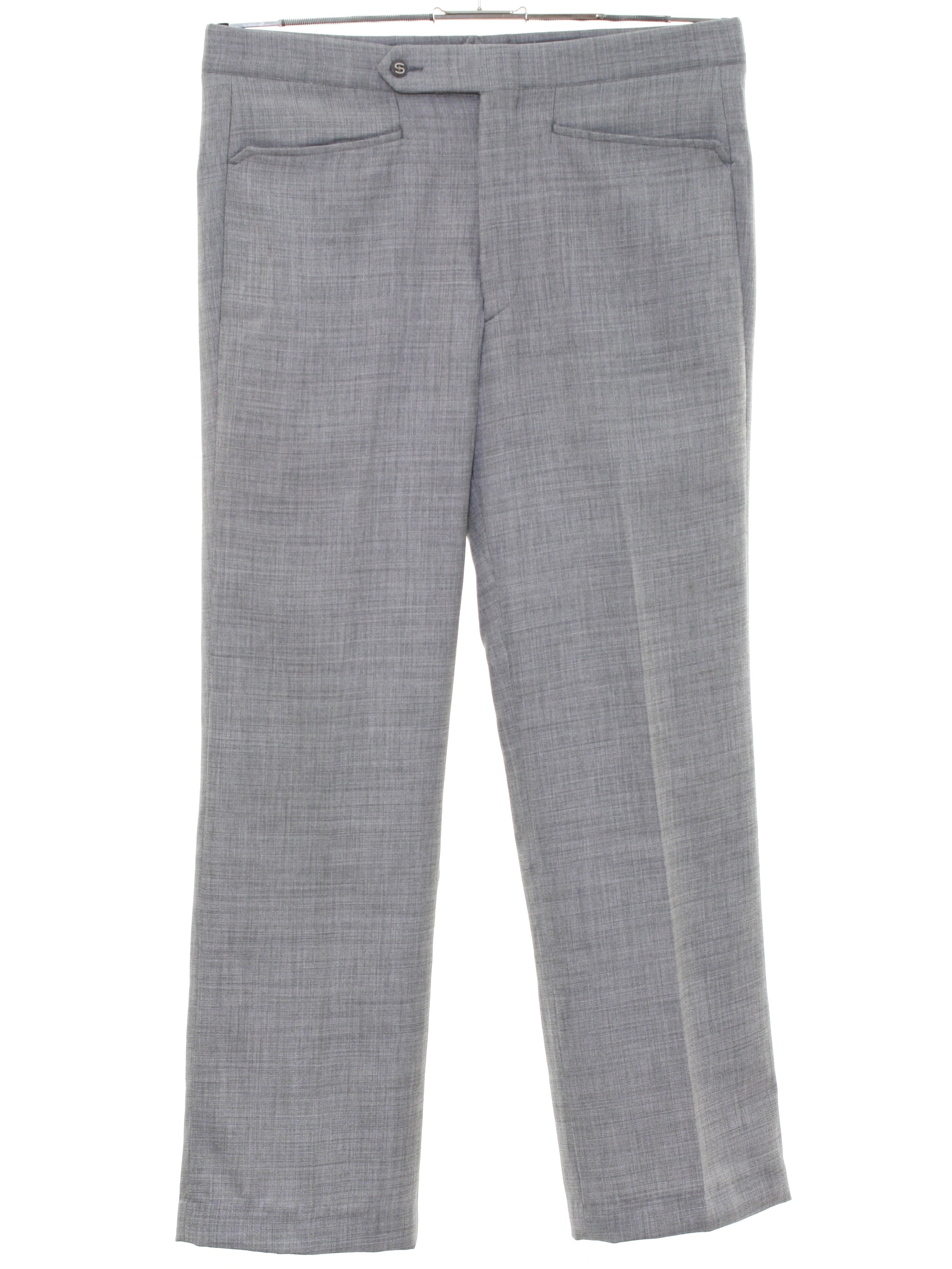 Retro 70's Flared Pants / Flares: 70s -Sansabelt- Mens heathered grey solid  colored polyester flat front flared leisure pants with cuffless hem, front  slanted top entry pockets, one rear inset open pocket