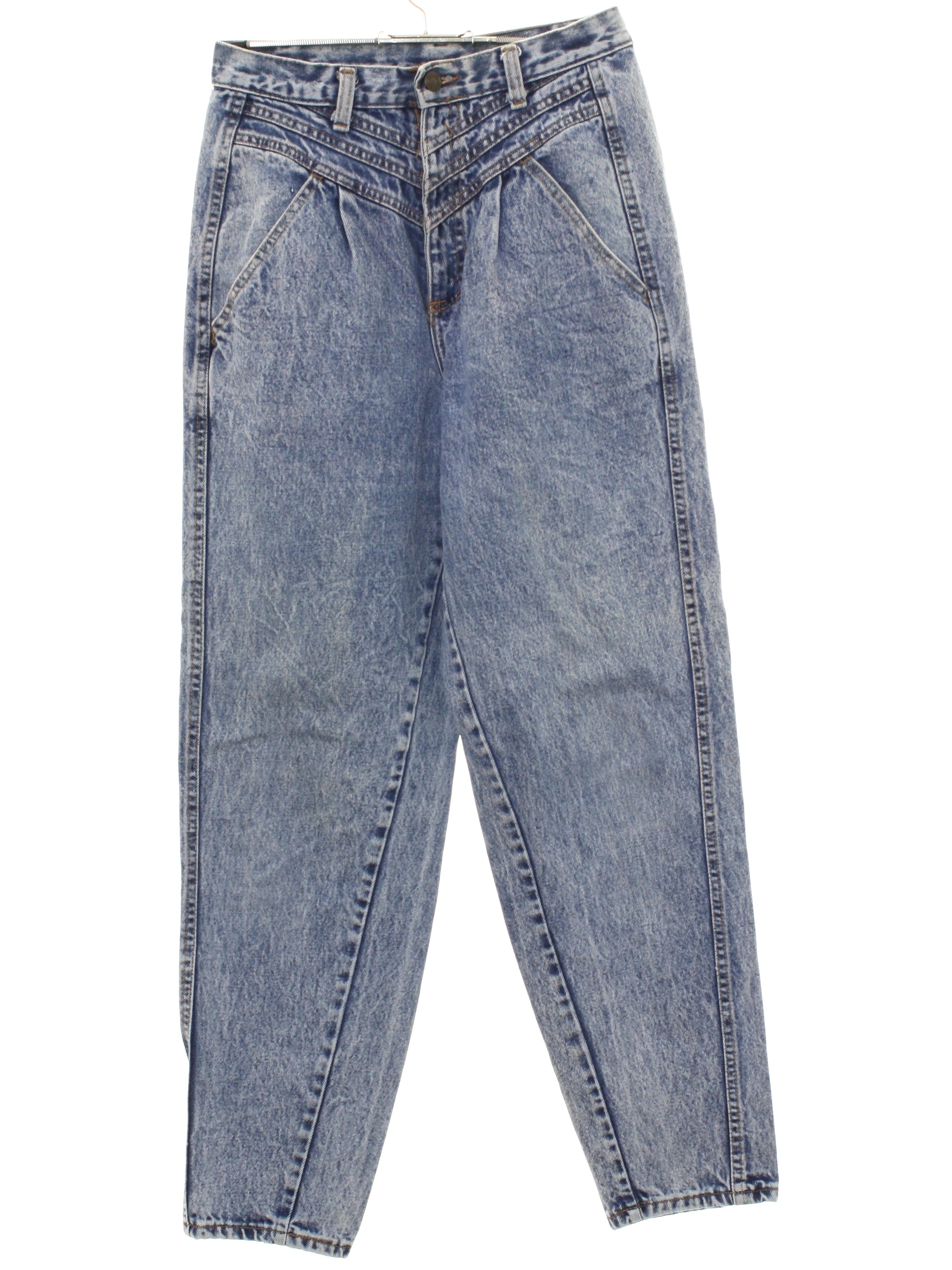 80s Retro Pants: 80s -Zena USA- Womens acid wash blue cotton denim high  waisted totally 80s tapered leg baggy fit jeans pants with diagonal side  entry front pockets, no back pockets. Slightly