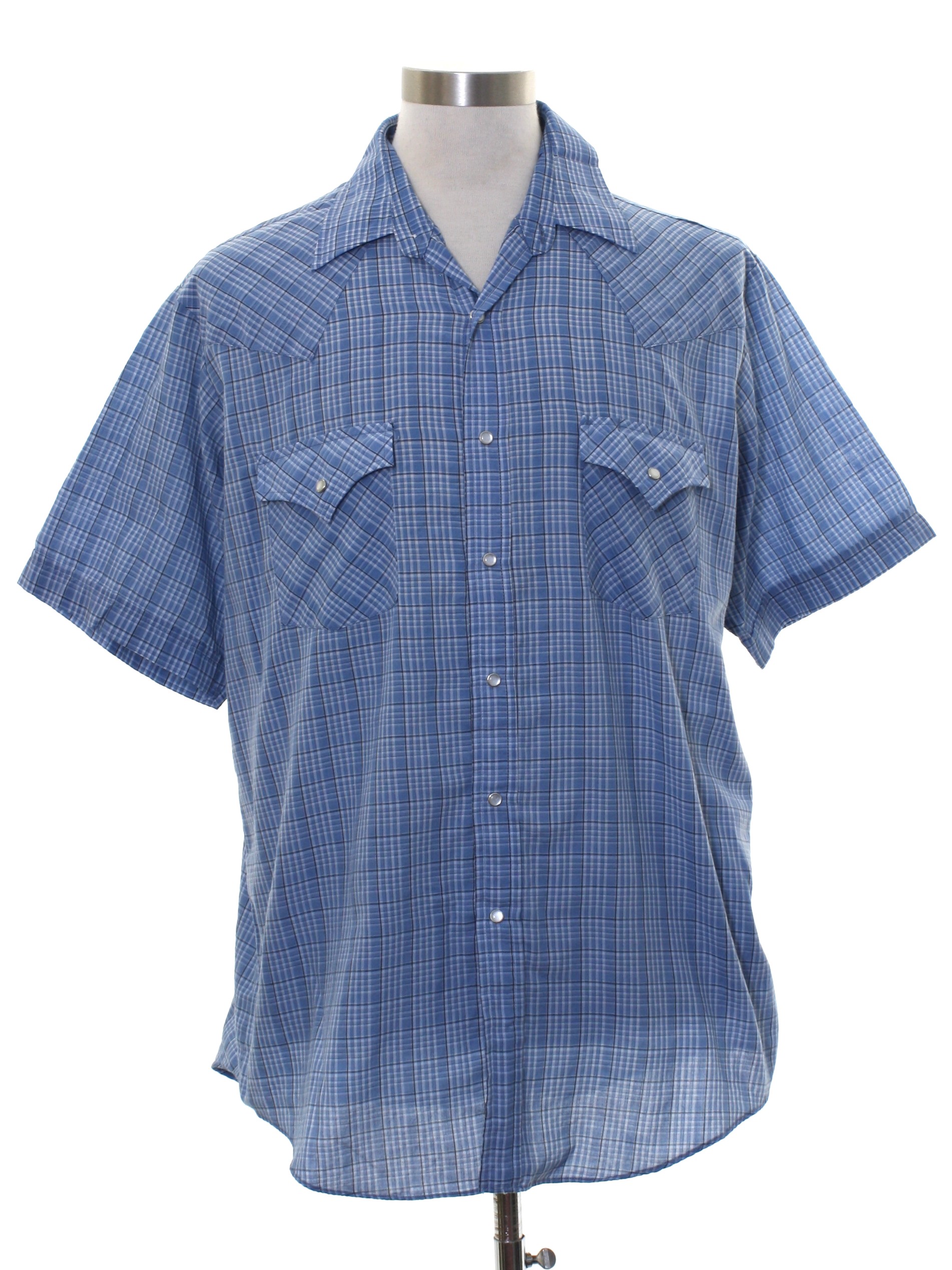 Western Shirt: 90s -Plains Western Wear- Mens Cornflower blue and light ...