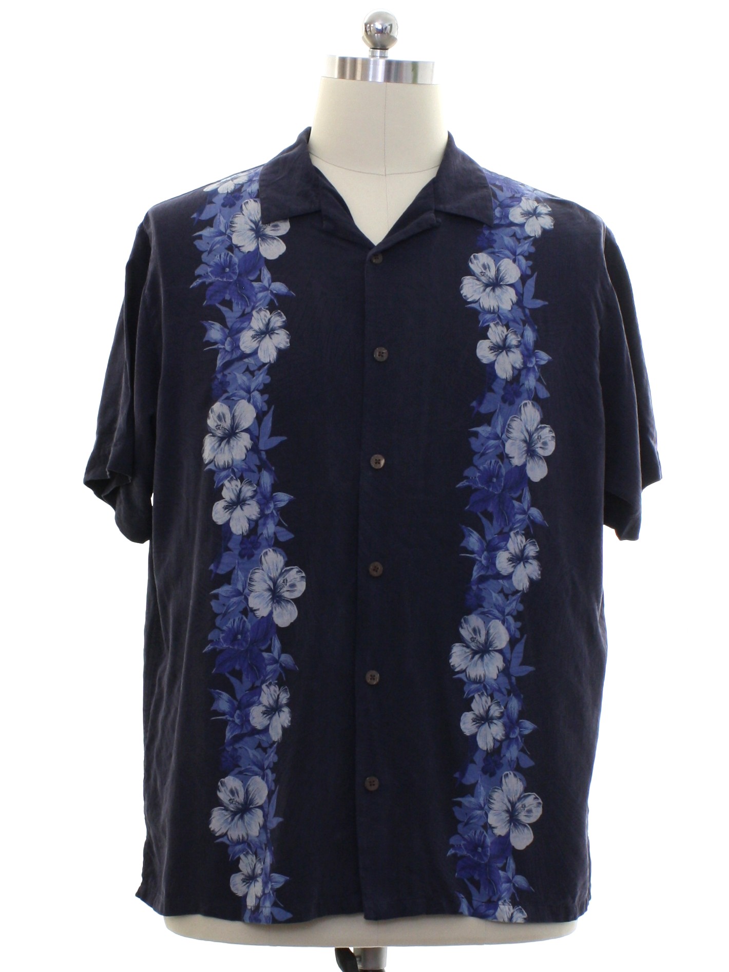 Vintage 1990's Hawaiian Shirt: Late 90s -Jasso Ella- Mens midnight blue ...