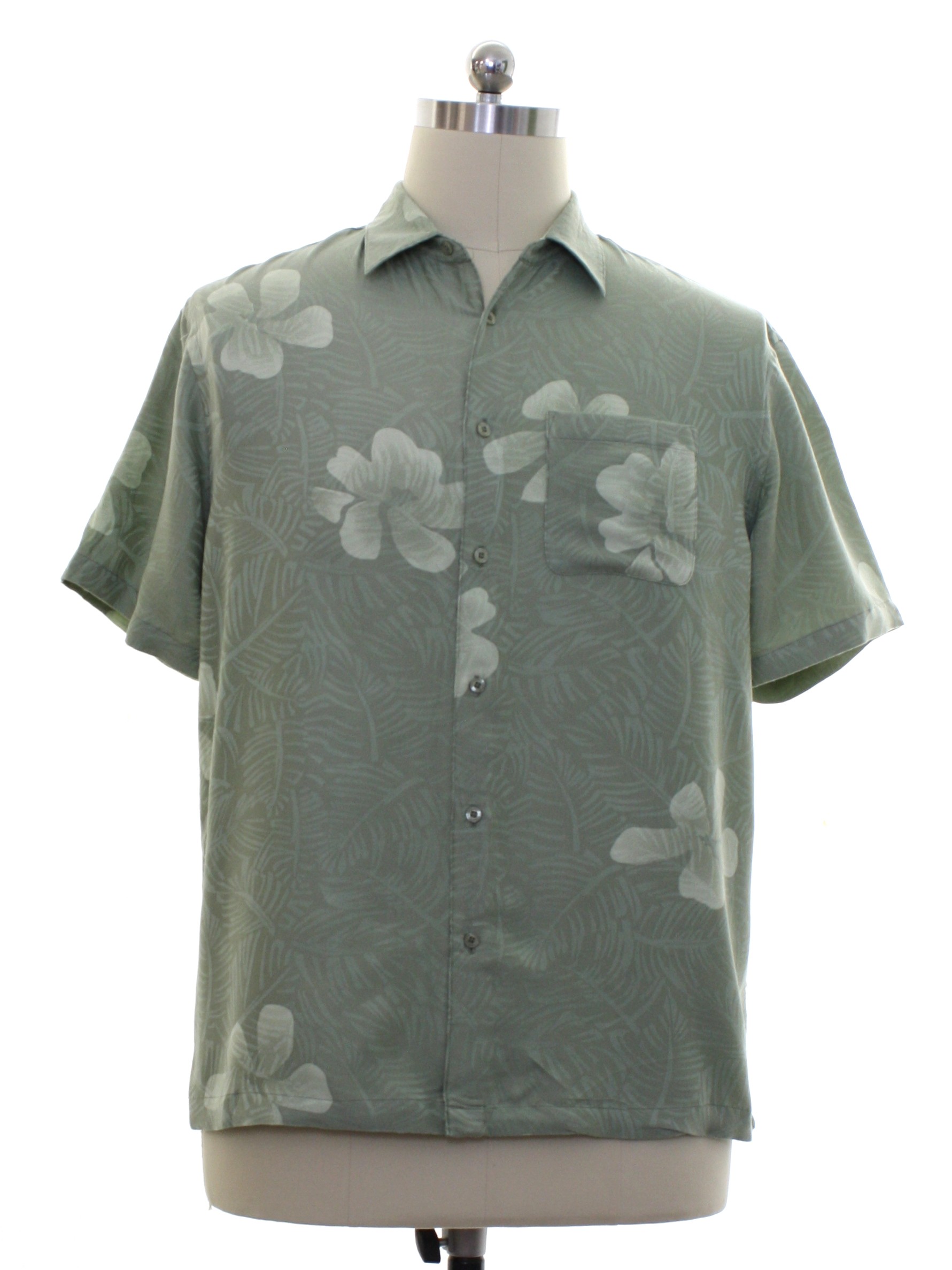 Hawaiian Shirt: 90s -Firethorn- Mens sage green background silk short ...