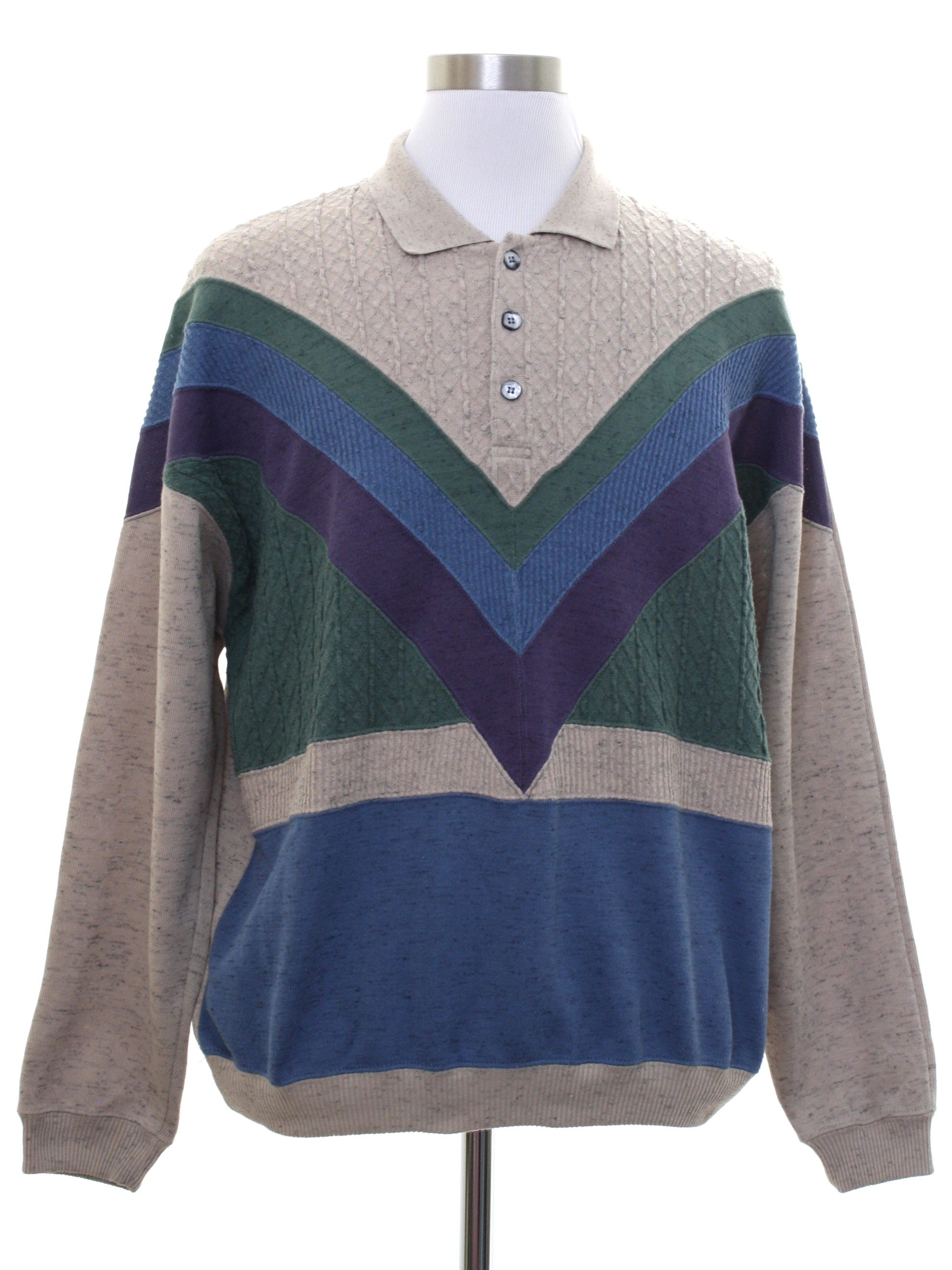 80's Vintage Knit Shirt: 80s -New Works- Mens heather khaki background ...