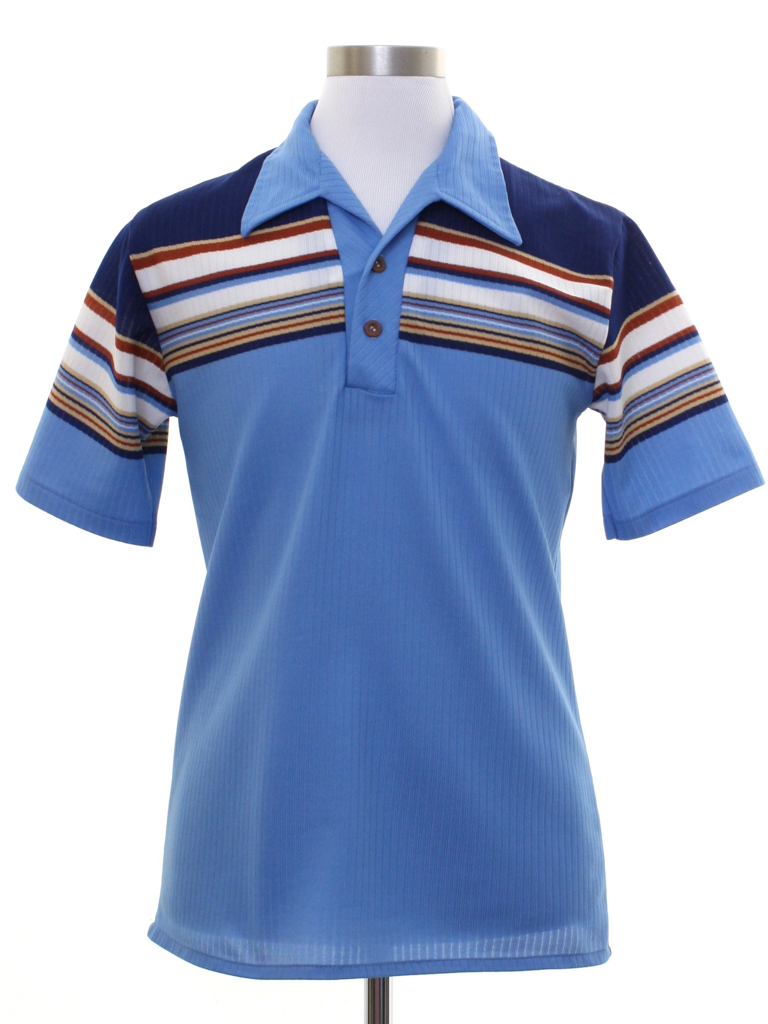 1970's Retro Knit Shirt: 70s -No Label- Mens pale blue background, navy ...