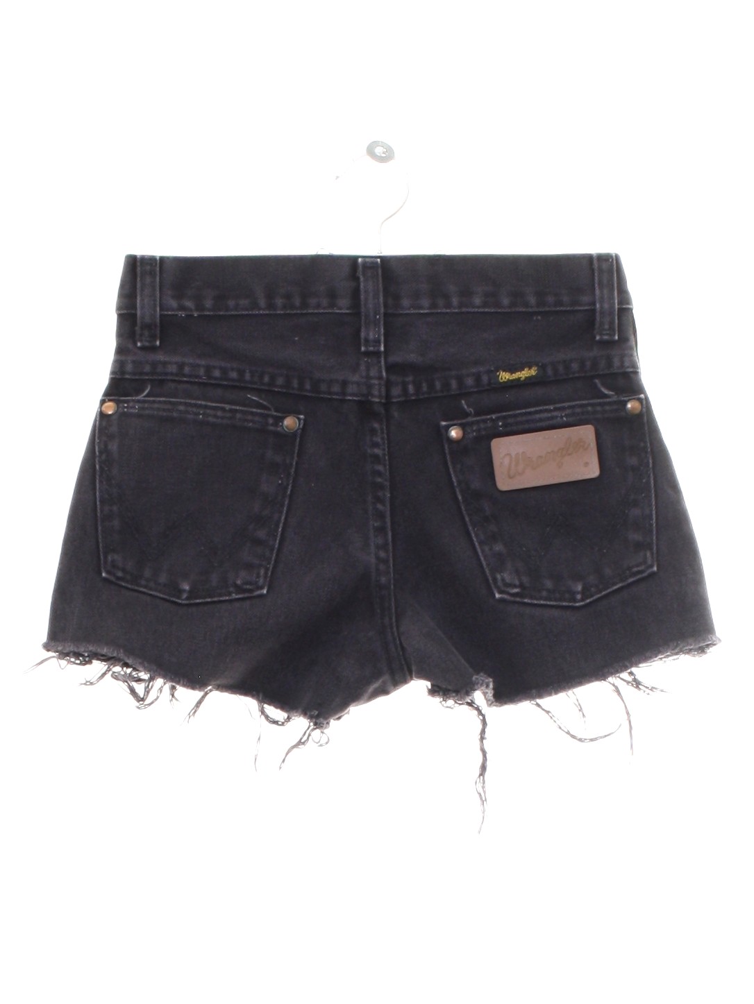 90s Shorts (Wrangler 13MWBCB): 90s -Wrangler 13MWBCB- Girls black cotton denim  Daisy Dukes style jeans cut off shorts with zipper fly closure with button.  Five pocket style - front scoop pockets with