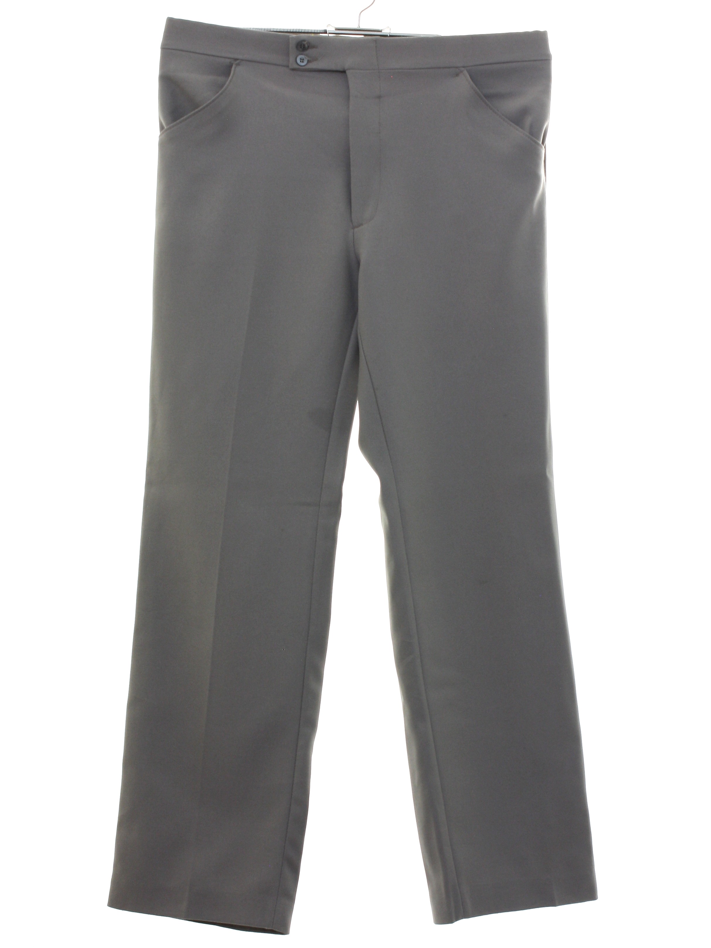 70s Pants: 70s -No Label- Mens gray solid colored polyester flat front ...