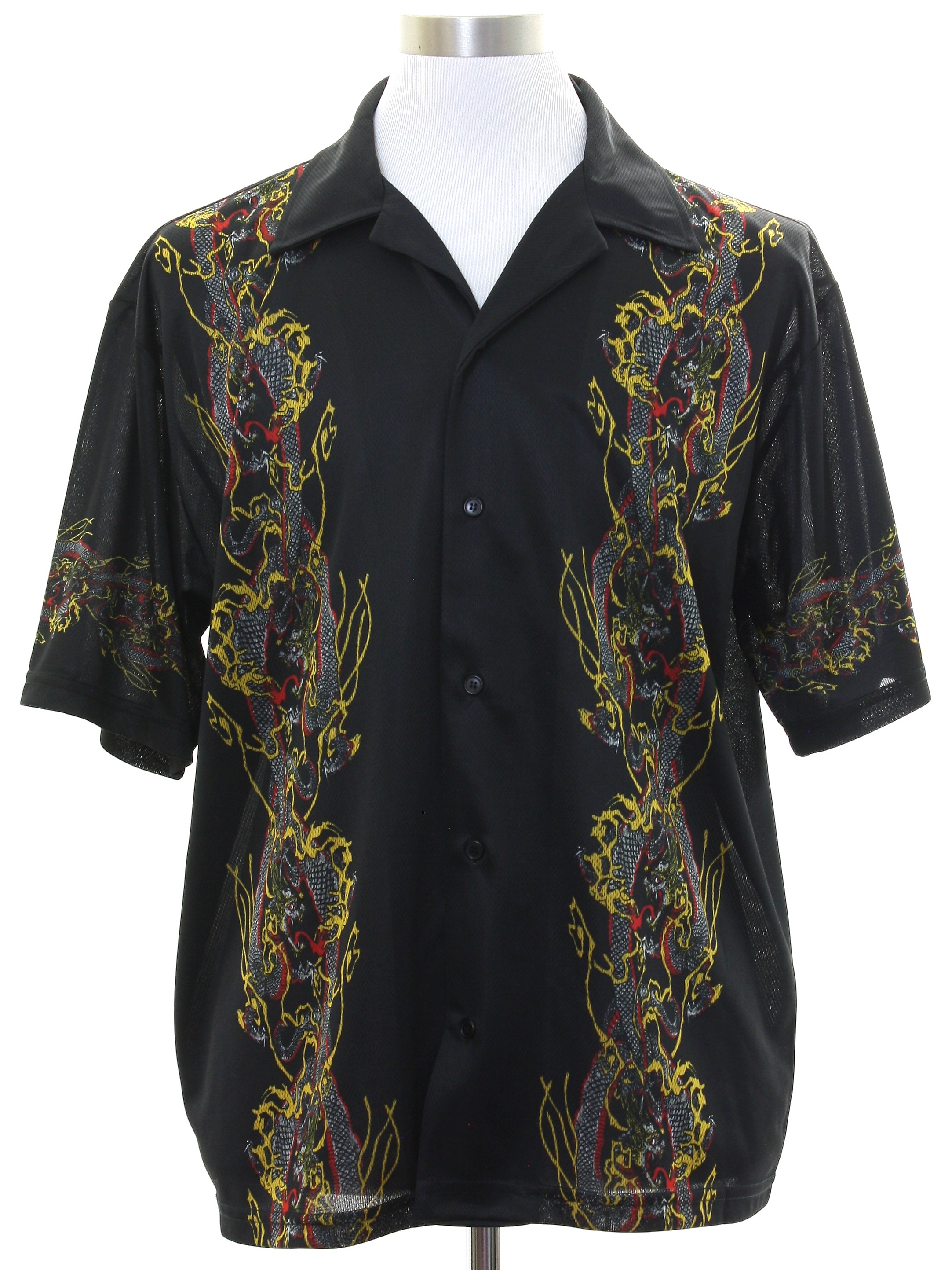 No Boundaries 90's Vintage Shirt: 90s -No Boundaries- Mens black background  polyester short sleeve button up front club/rave shirt with dragon print on  front and sleeves in shades of gold, red, and