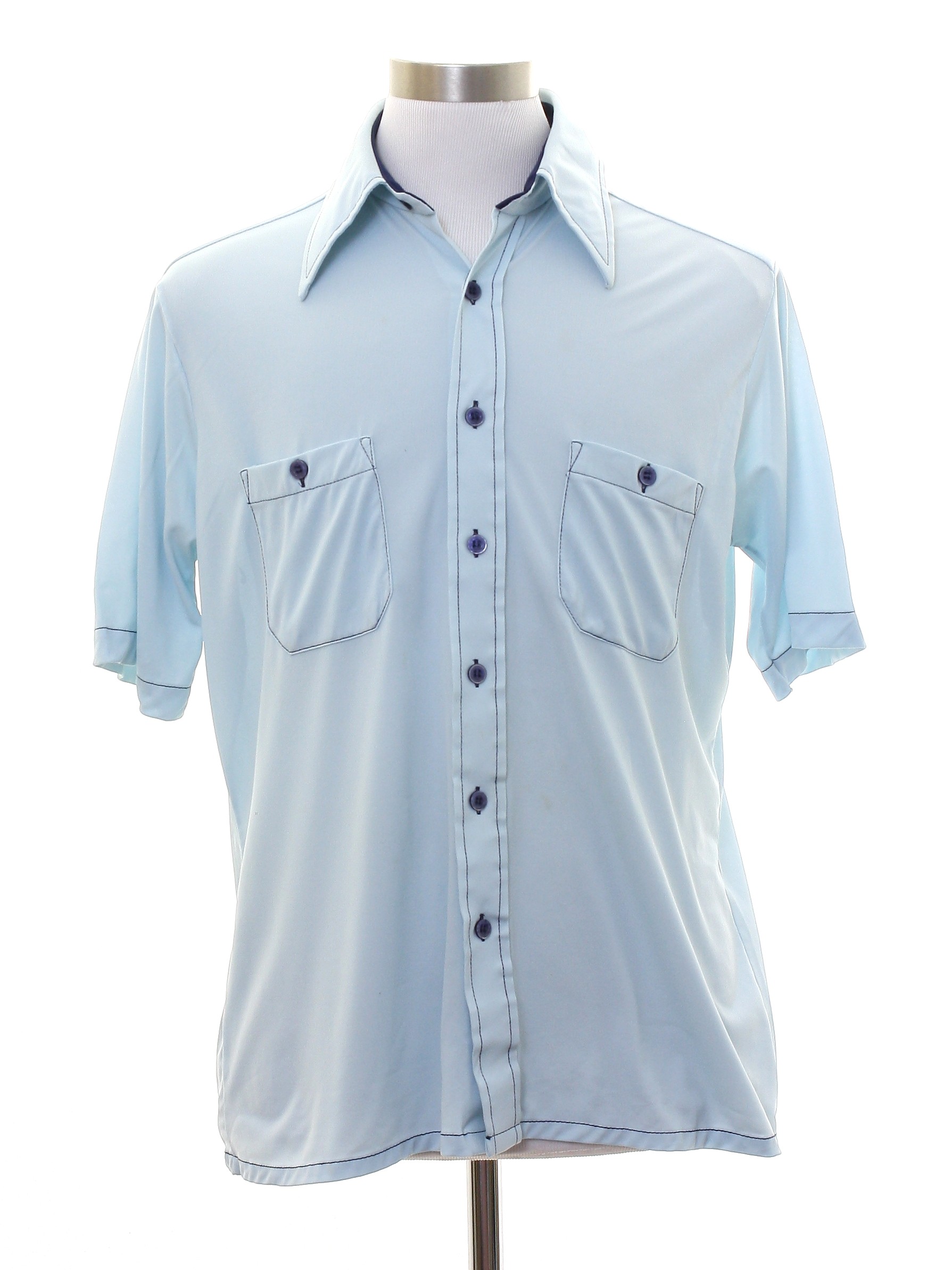 70's Van Cort Shirt: 70s -Van Cort- Mens pale blue slinky polyester ...