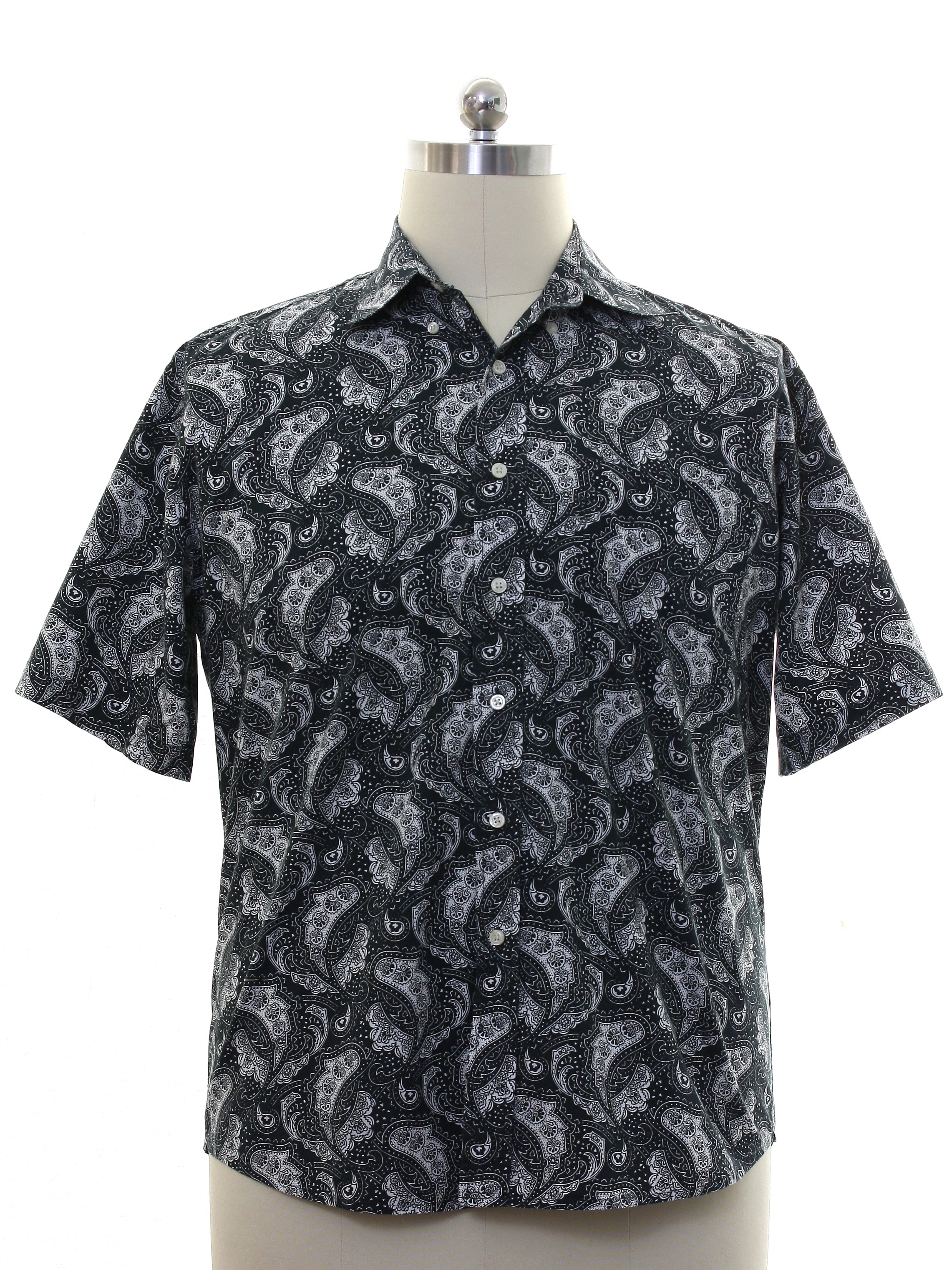 Shirt: 90s -Alan Flusser- Mens black background polyester cotton blend ...