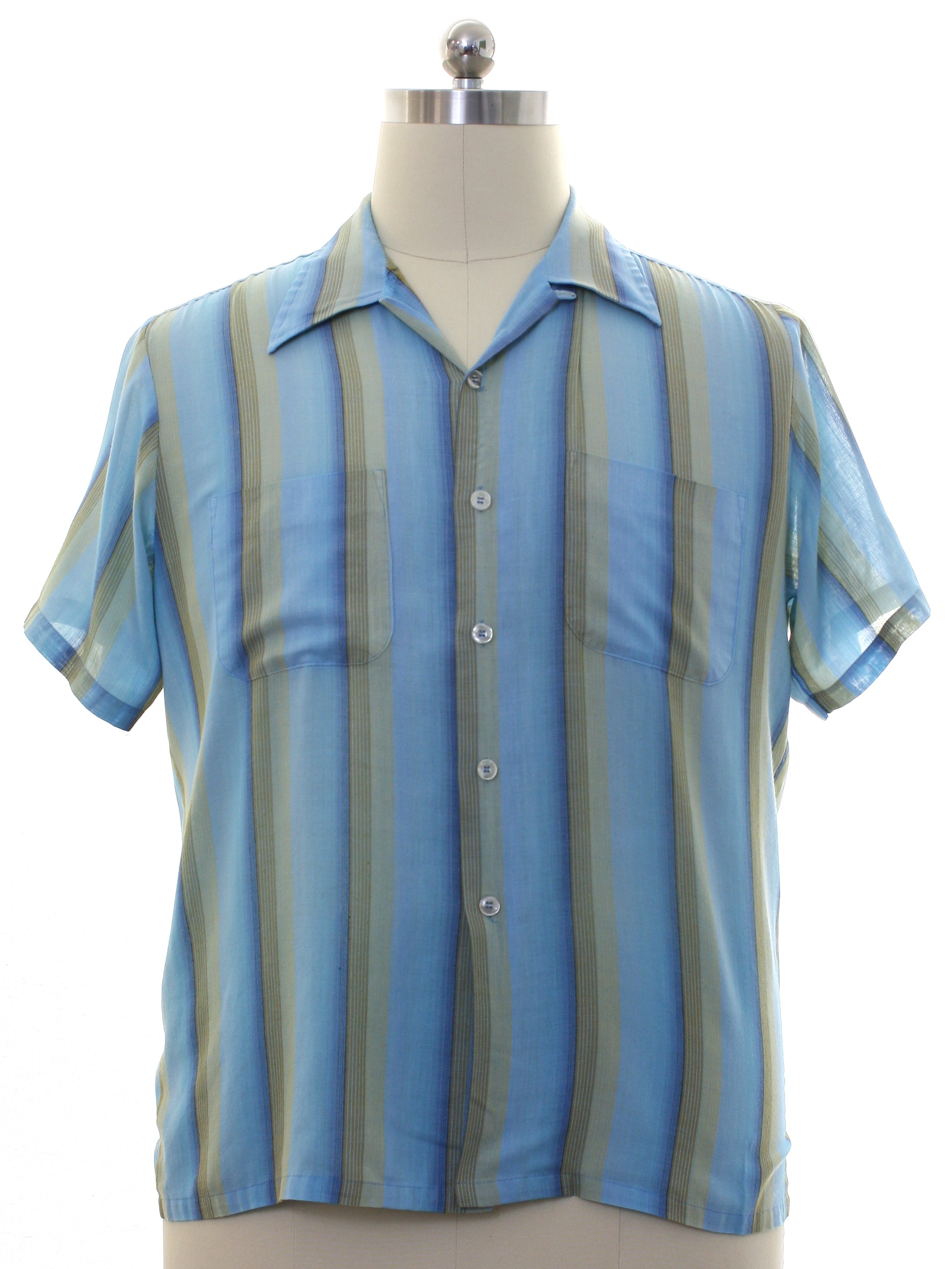 1960s Shirt: 60s -No Label- Mens sky blue background polyester cotton ...