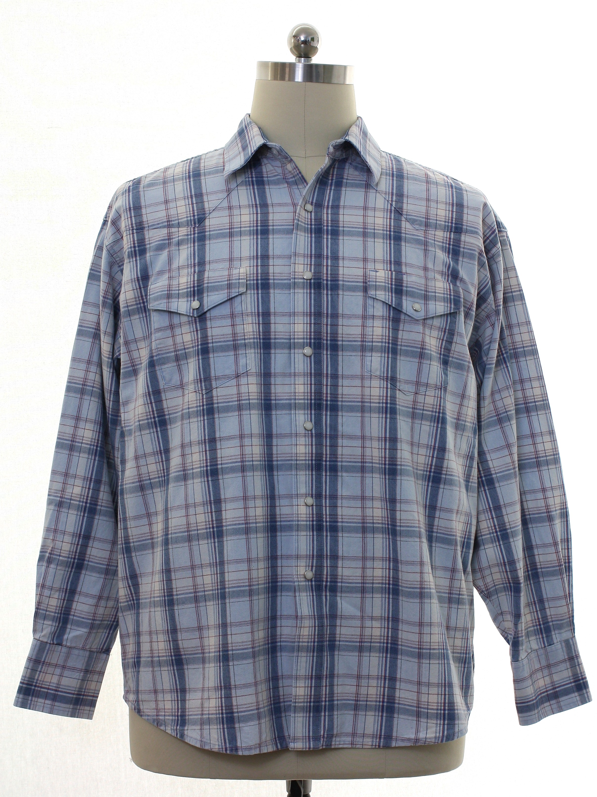 Western Shirt: 90s -Wrangler- Mens light blue, white, and red plaid ...