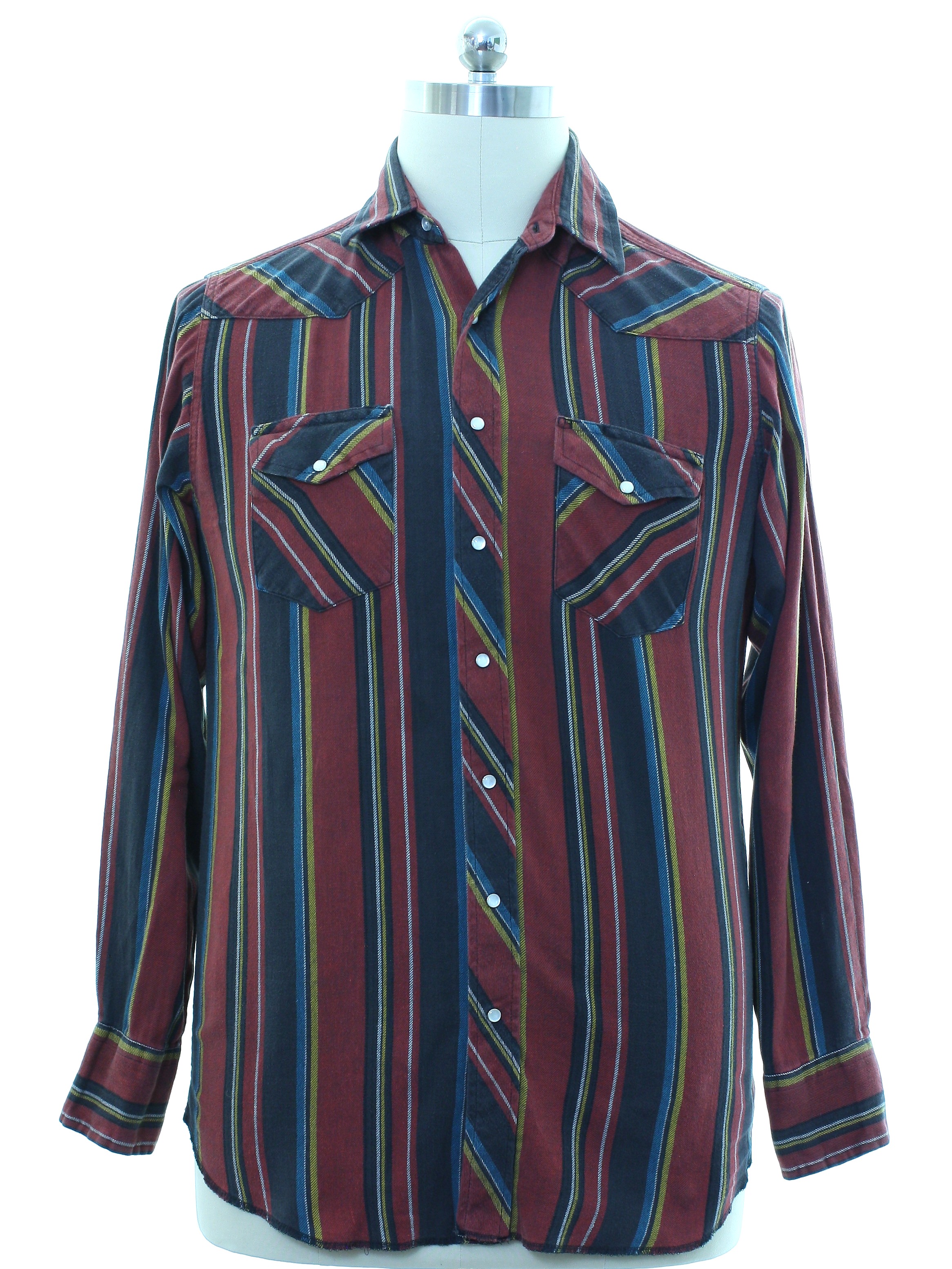 Western Shirt: 90s -Wrangler- Mens faded burgundy, black, teal, yellow ...