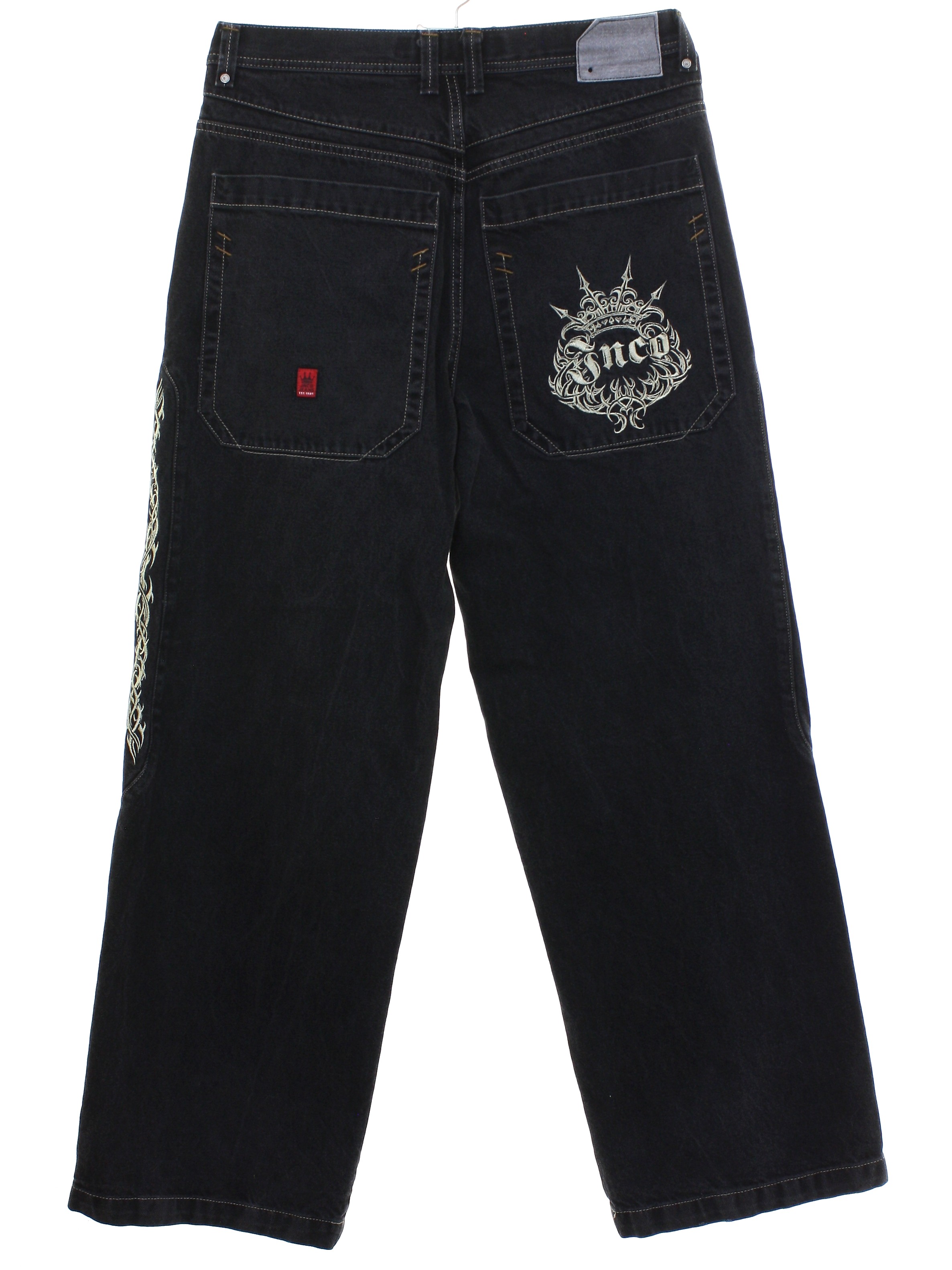 forstyrrelse I hele verden mundstykke Retro Nineties Pants: 90s -Jnco Jeans- Mens slightly faded black cotton denim  denim jeans pants with button fly closure. Five pocket style - front scoop  pockets with single coin pocket and two