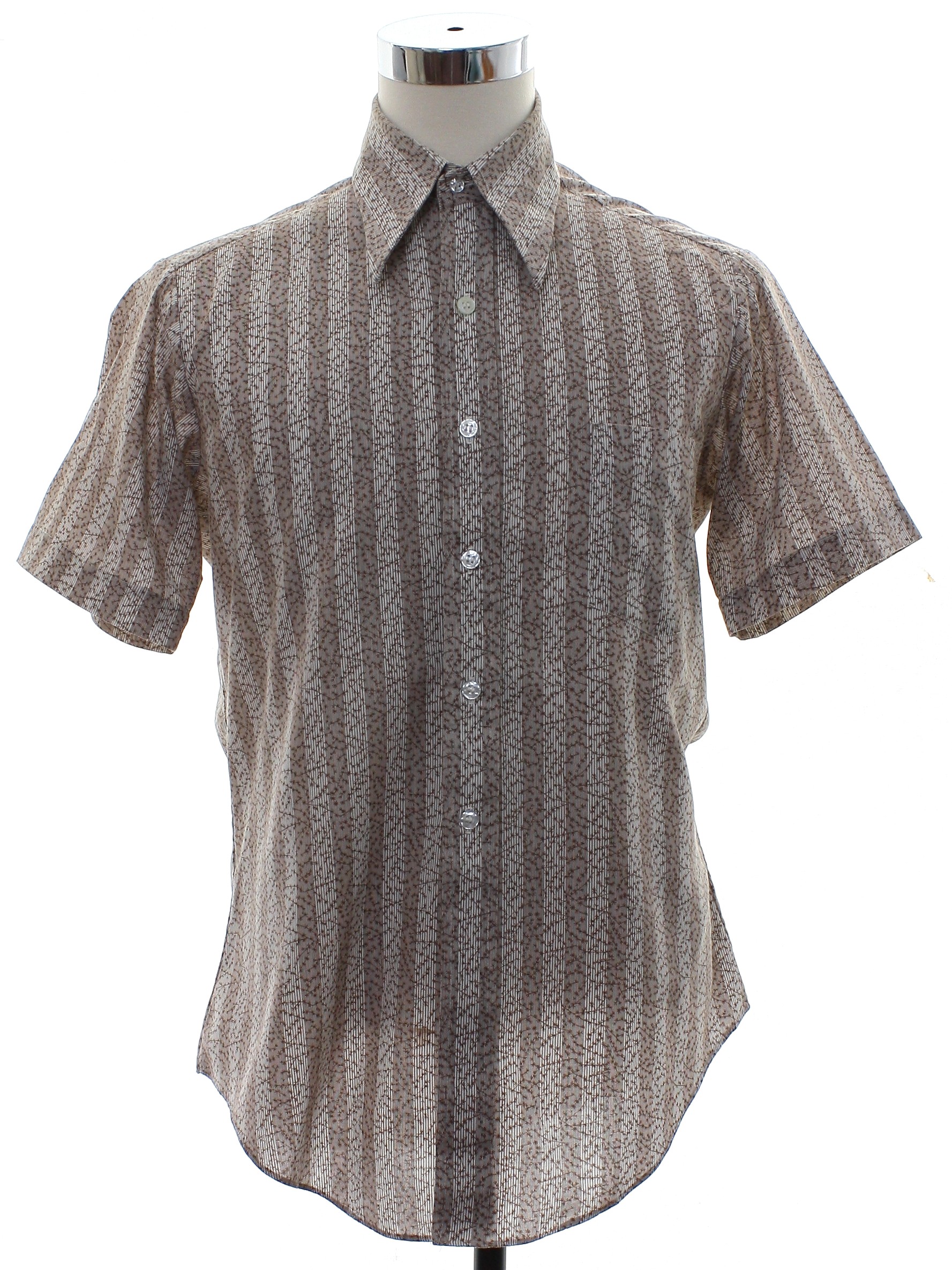 1970's Shirt (Sears): 70s -Sears- Mens white and mocha brown polyester ...