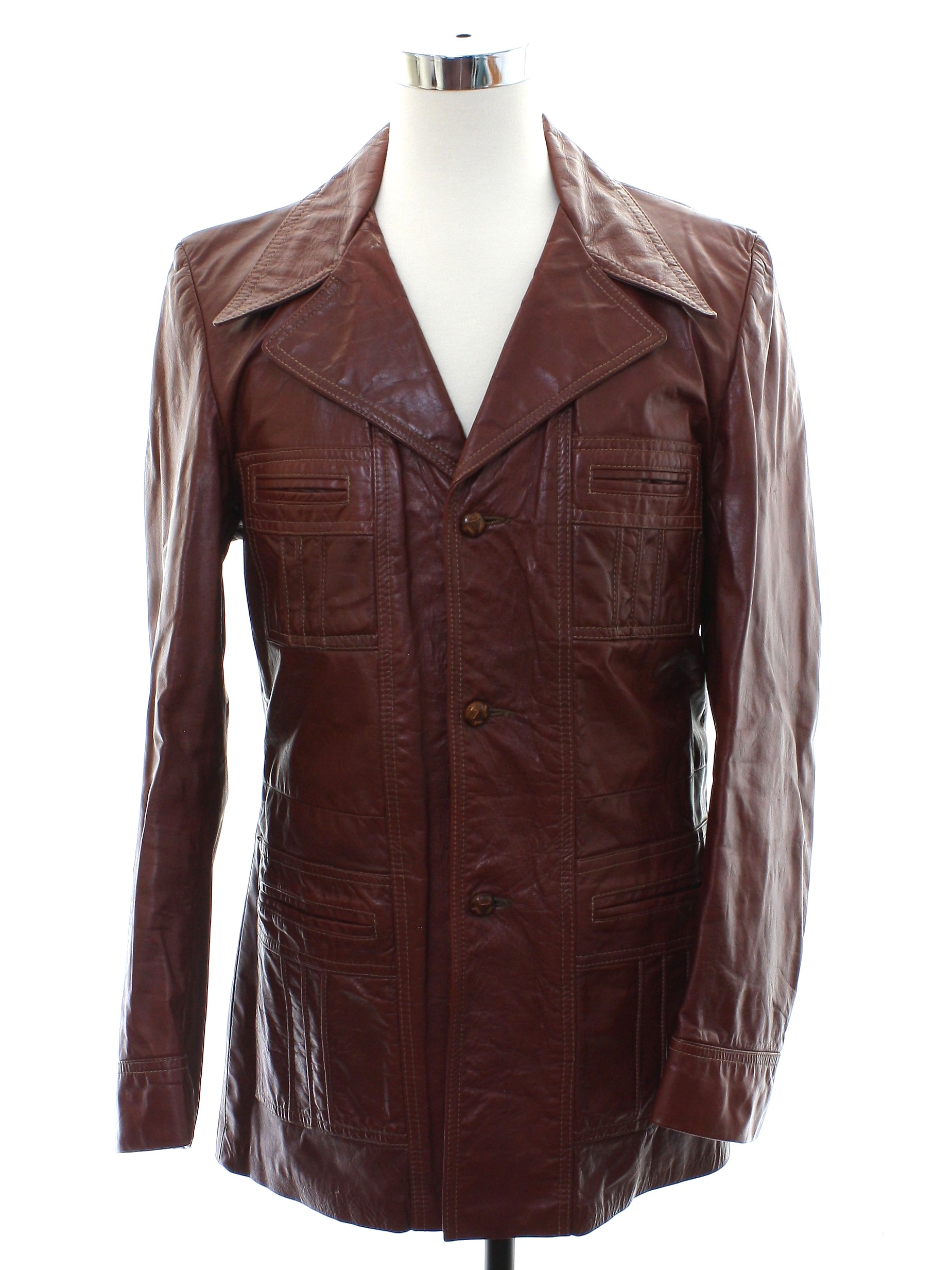 1970's Retro Leather Jacket: 70s -Grais- Mens burgundy-brown longsleeve ...