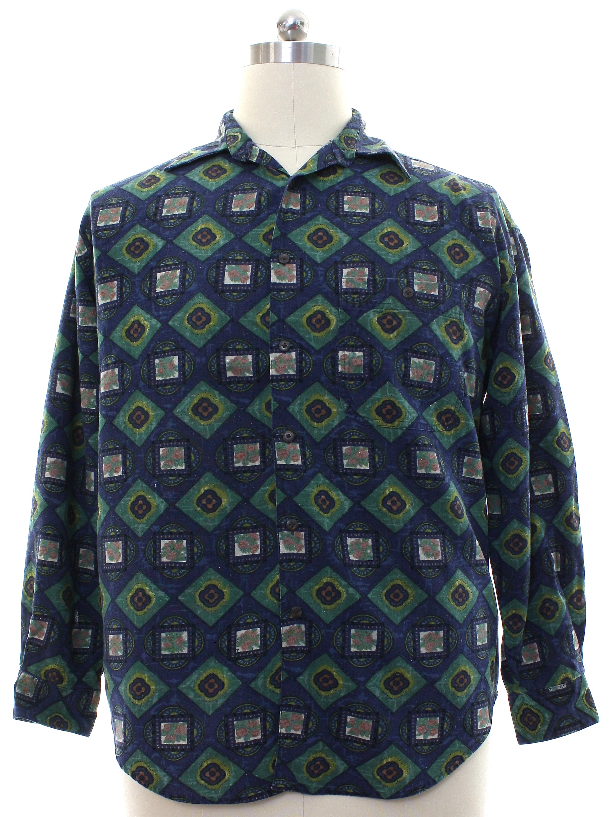 Retro 1980s Shirt: 80s -Silk Uomo- Mens navy blue background with dusty ...