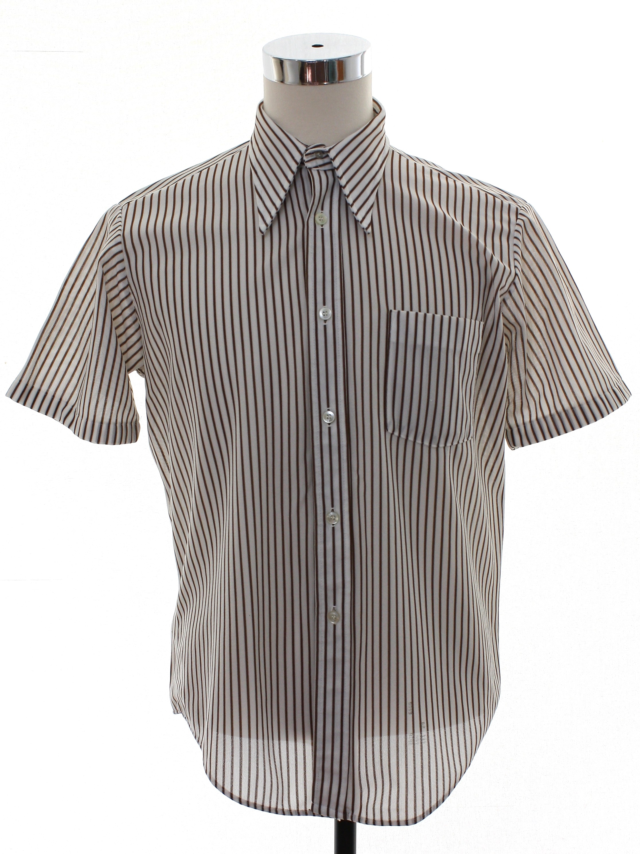 70s Shirt: 70s -No Label- Mens white and brown polyester short sleeve ...