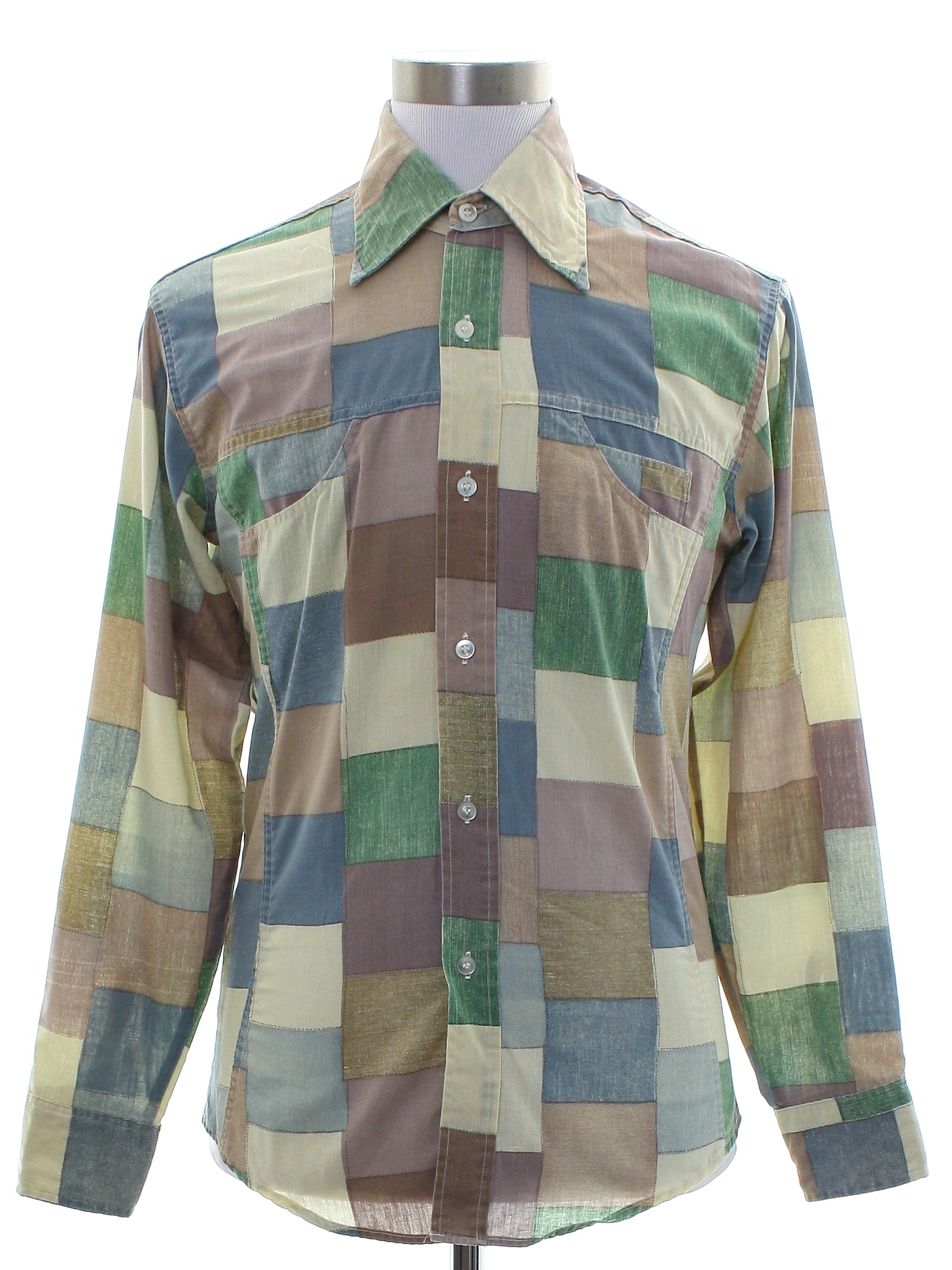 60's Shirt: Late 60s -No Label- Mens beige background, gray, mocha ...