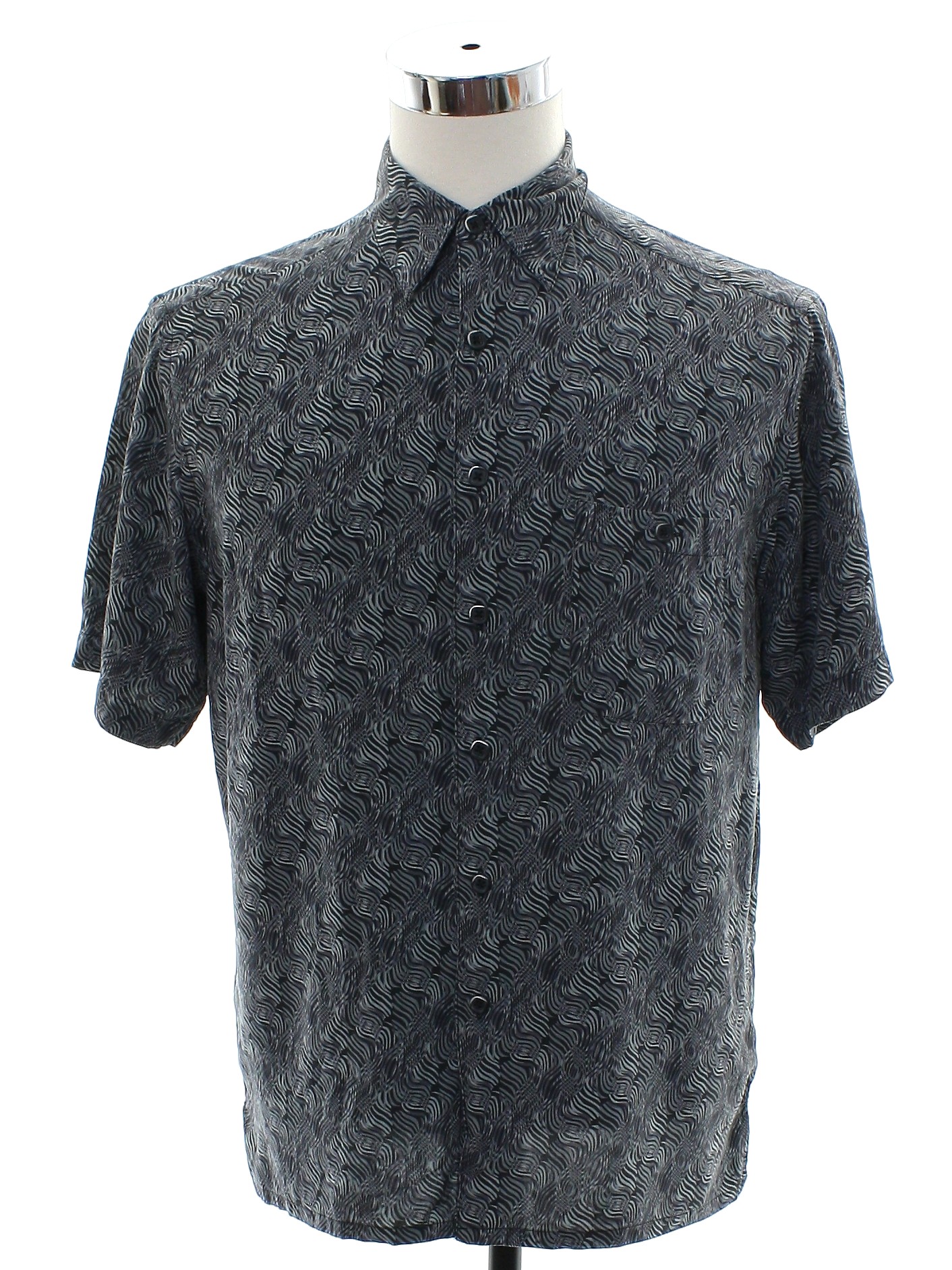 Shirt: 90s -Axist- Mens gray background silk short sleeve silk sport ...