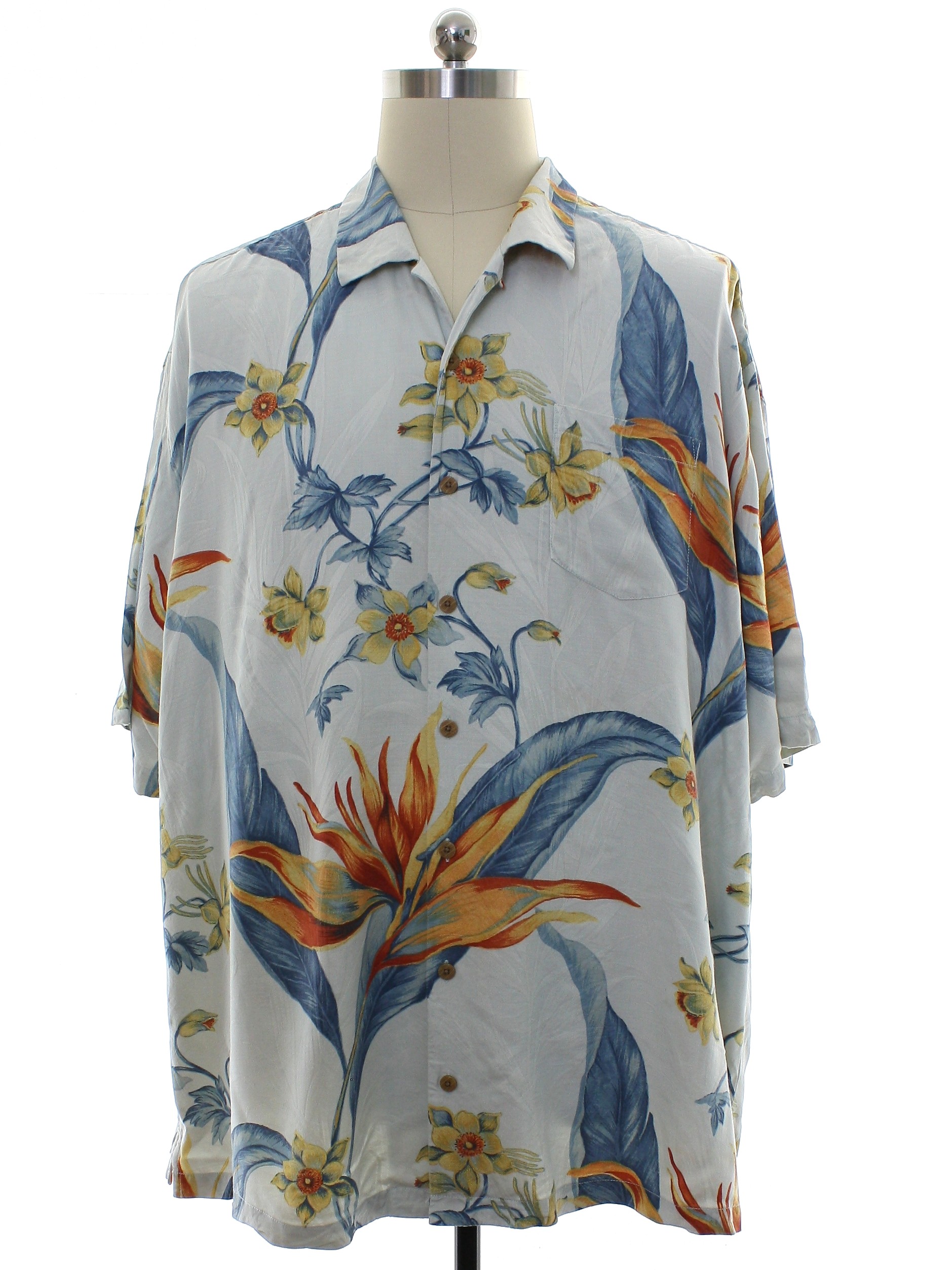 Hawaiian Shirt: 90s -Tommy Bahama- Mens light blue background silk