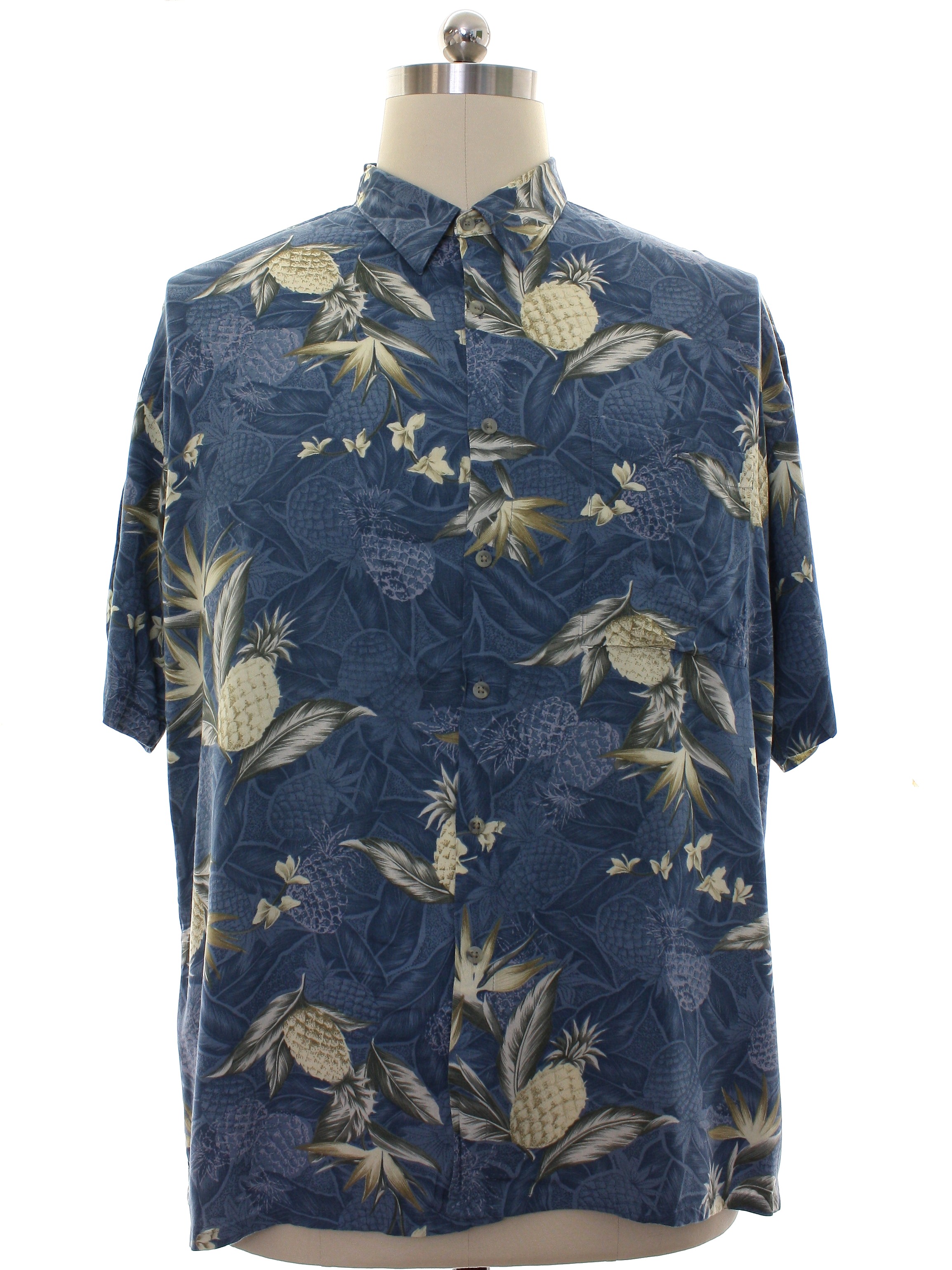 Hawaiian Shirt: 90s -Campia Moda- Mens dusty blue background rayon ...