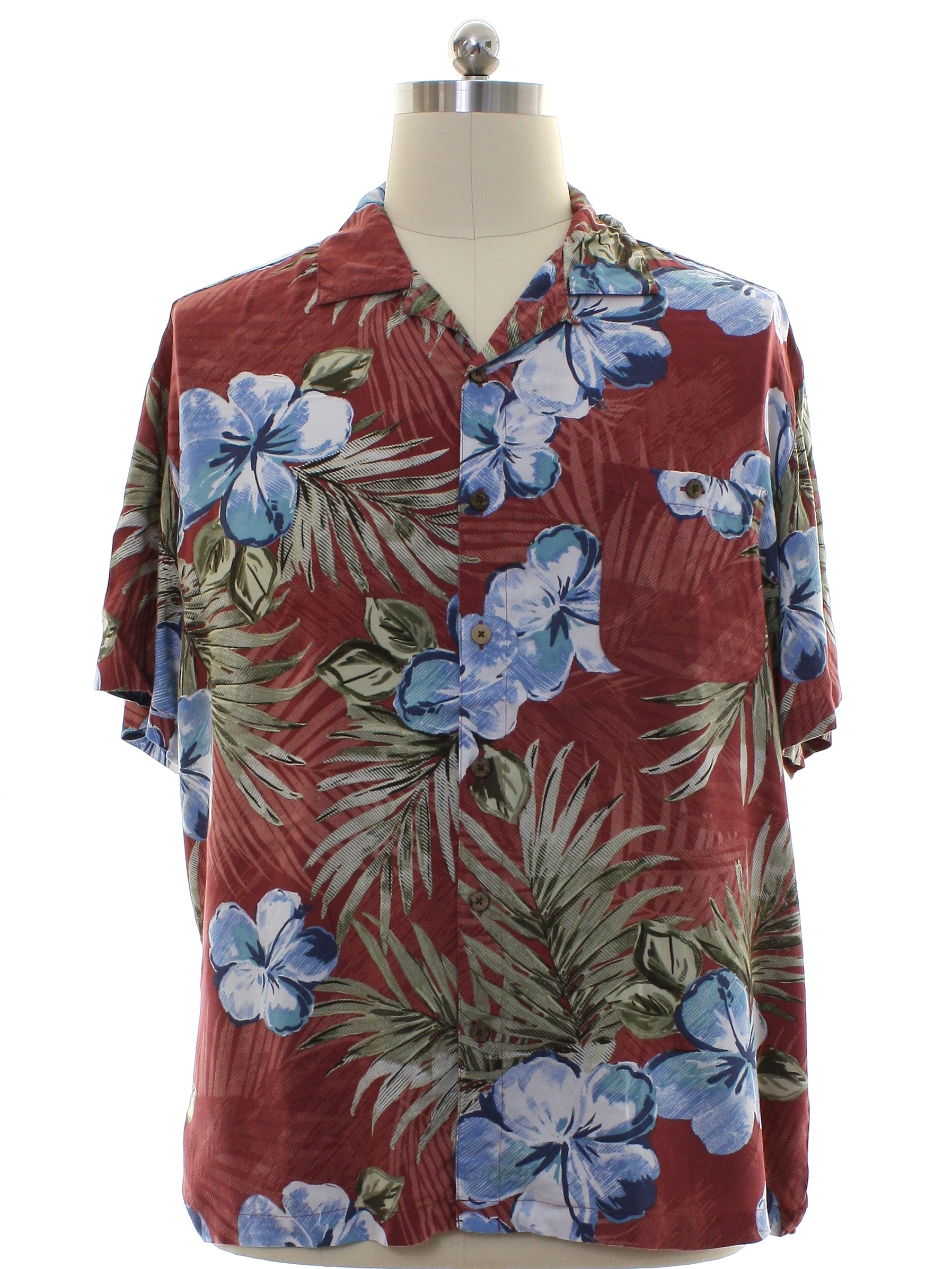 Hawaiian Shirt: 90s -Island Shores- Mens red clay background rayon ...