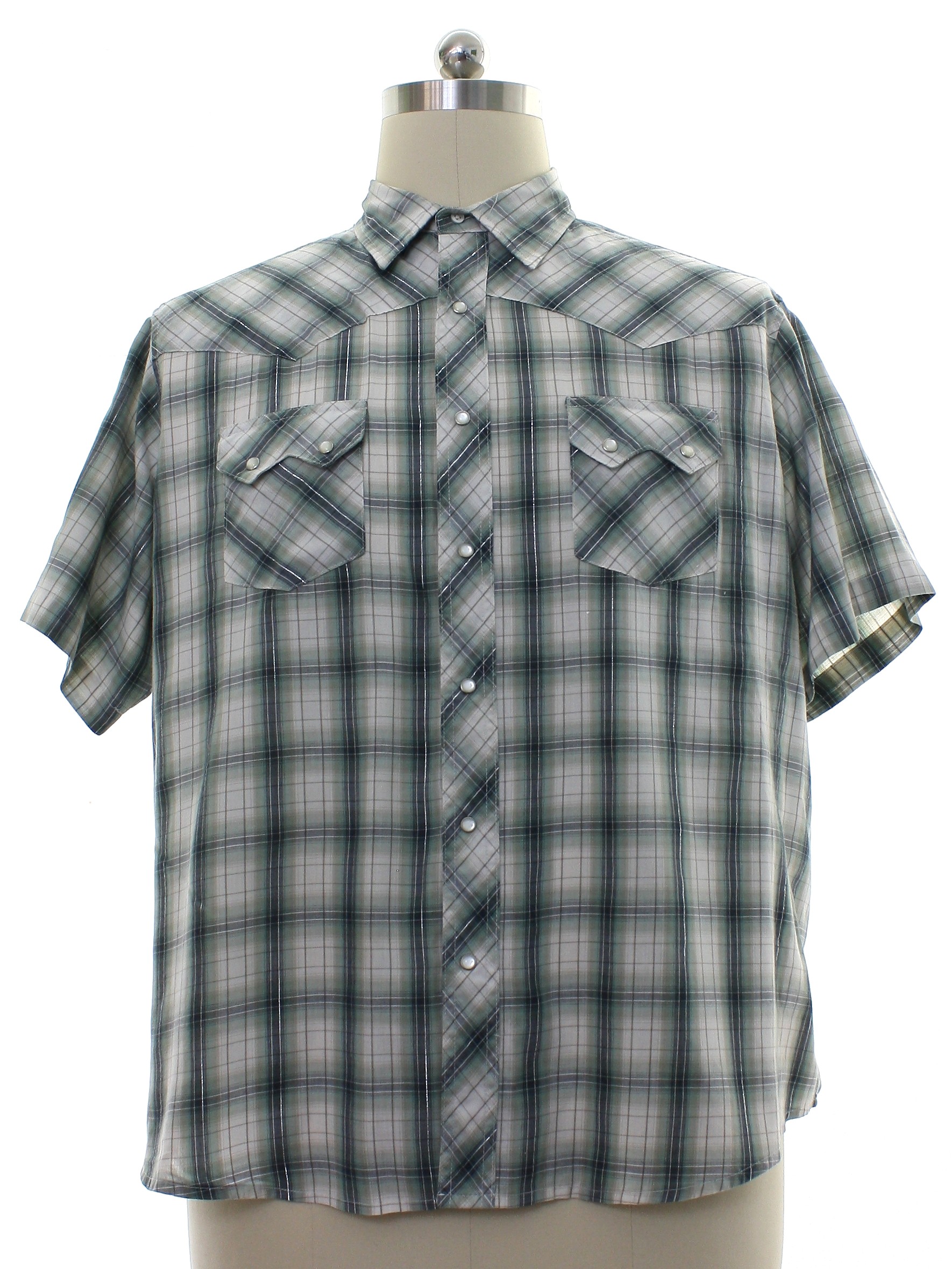 Western Shirt: 90s -Wrangler- Mens white, sage green, gray, and silver ...