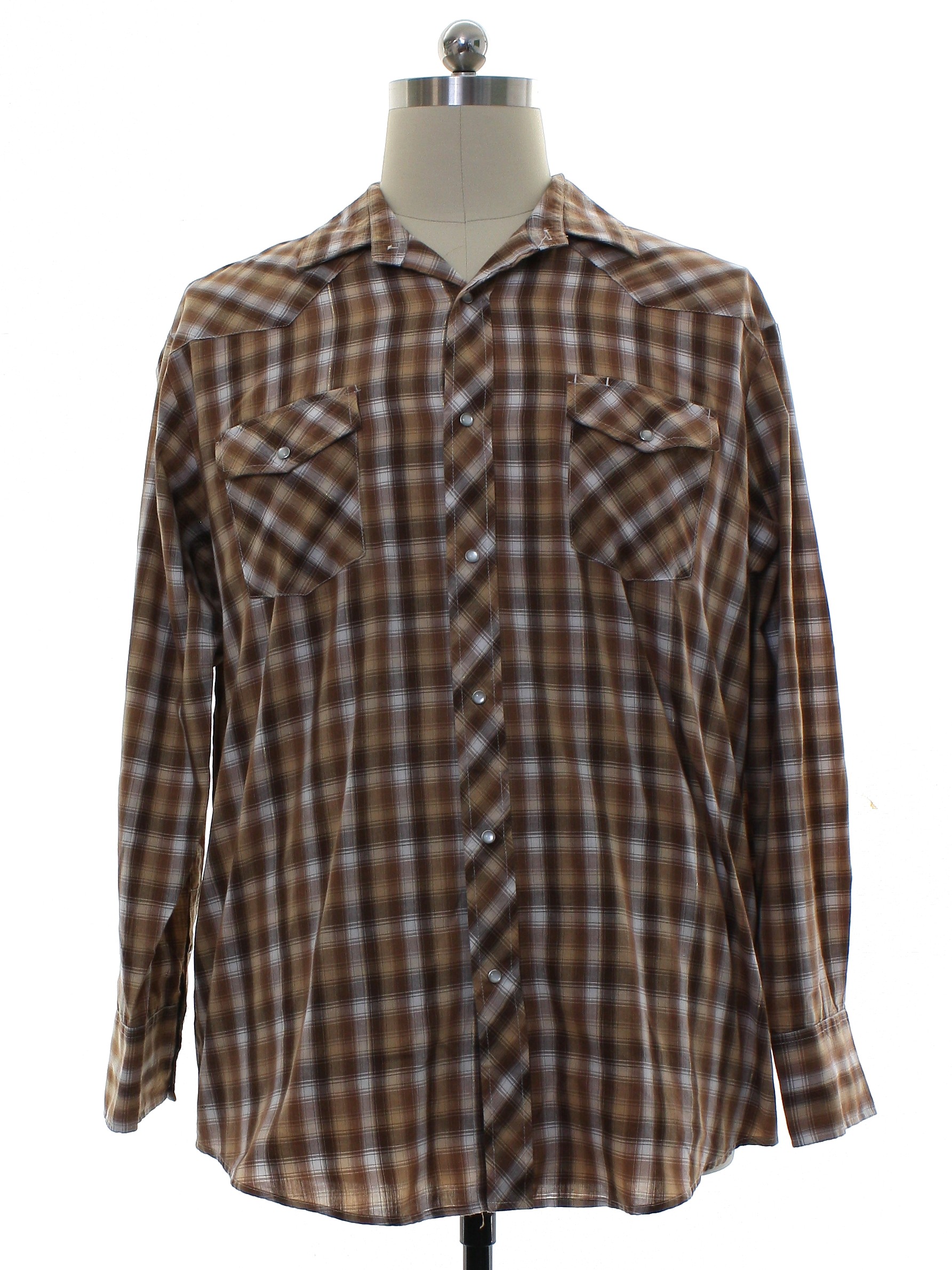 Western Shirt: 90s -Roper- Mens brown and white plaid polyester cotton ...