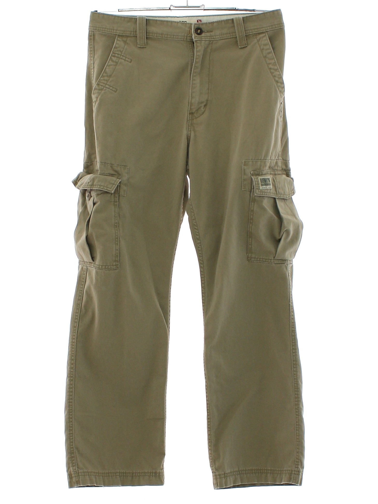 Pants: 90s -Levis Loose Straight Cargo- Mens khaki tan cotton twill cargo  pants with flat front, brass zipper fly, straight legs, plain cuffless  hems, side leg bellows style cargo pockets with buttoned