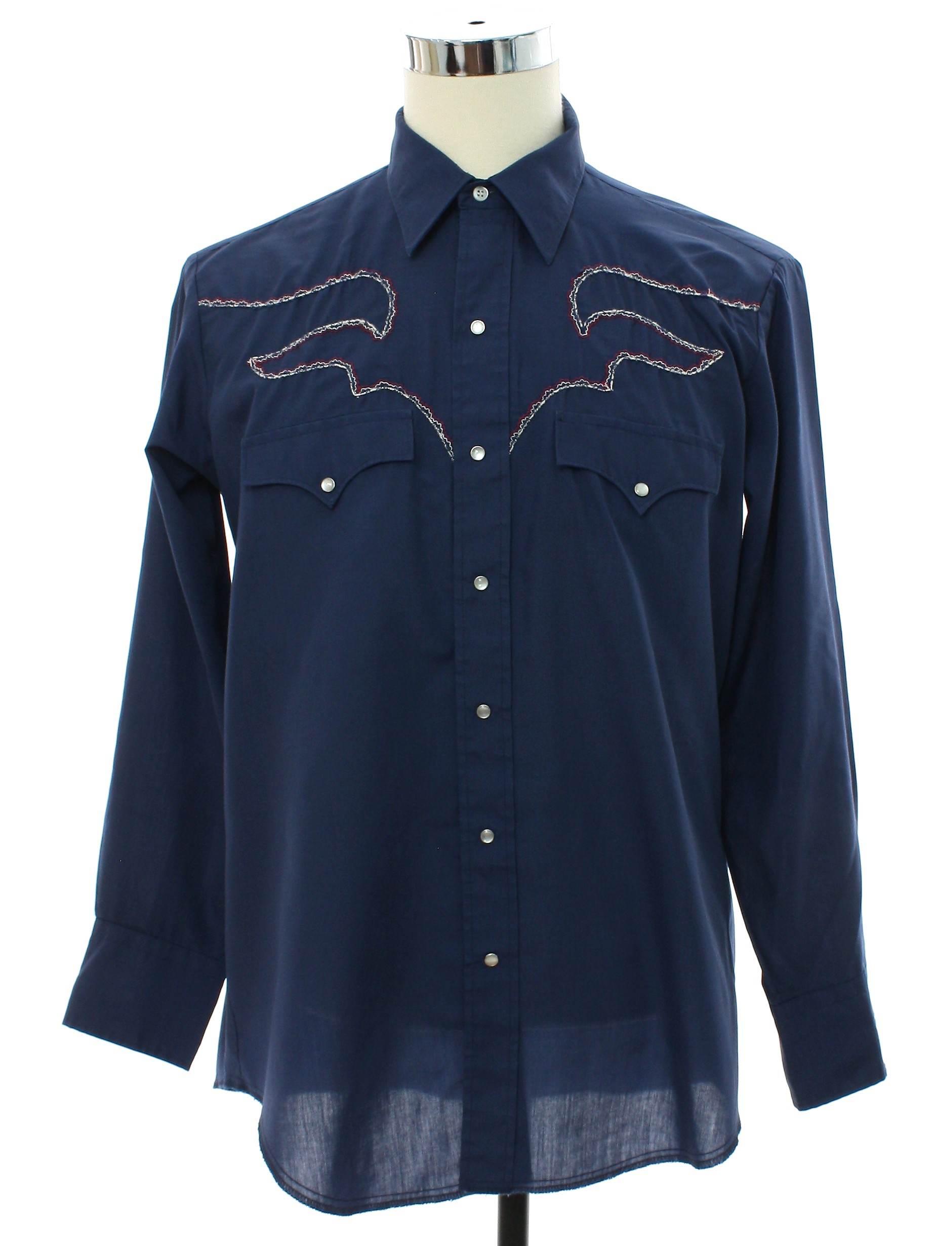 Retro 70s Western Shirt: 70s -No Label- Mens navy blue polyester cotton ...