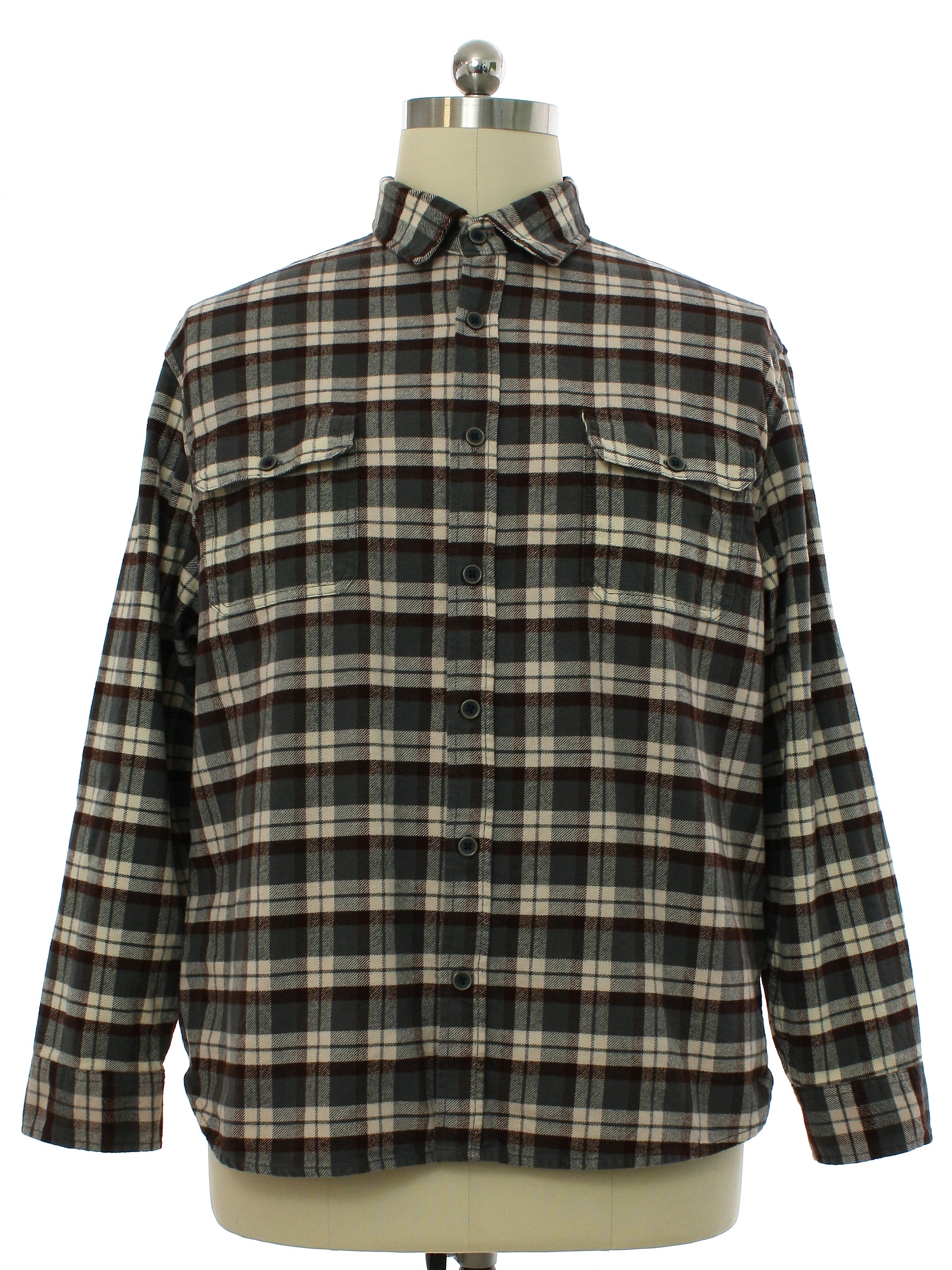 Vintage 1990's Shirt: 90s -Jachs- Mens gray, ivory, and brown plaid ...