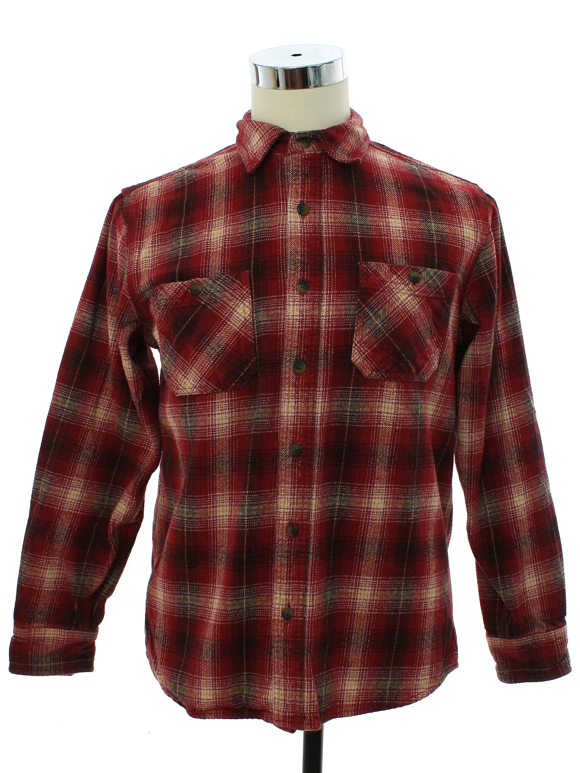 Shirt: 90s -Schmidt Workwear- Mens red, black, ivory and yellow plaid ...