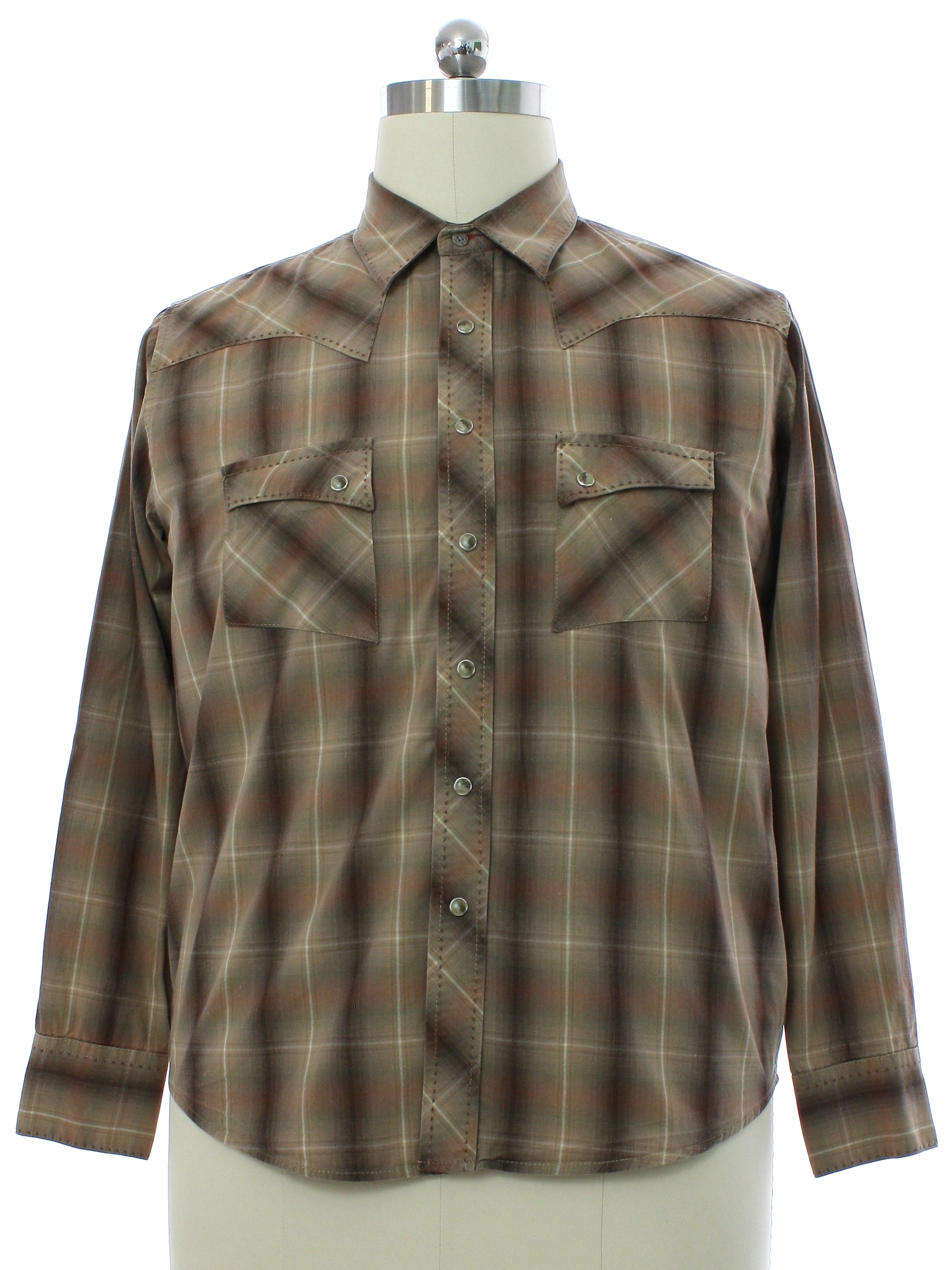 Western Shirt: 90s -Wrangler- Mens shades of brown plaid cotton ...