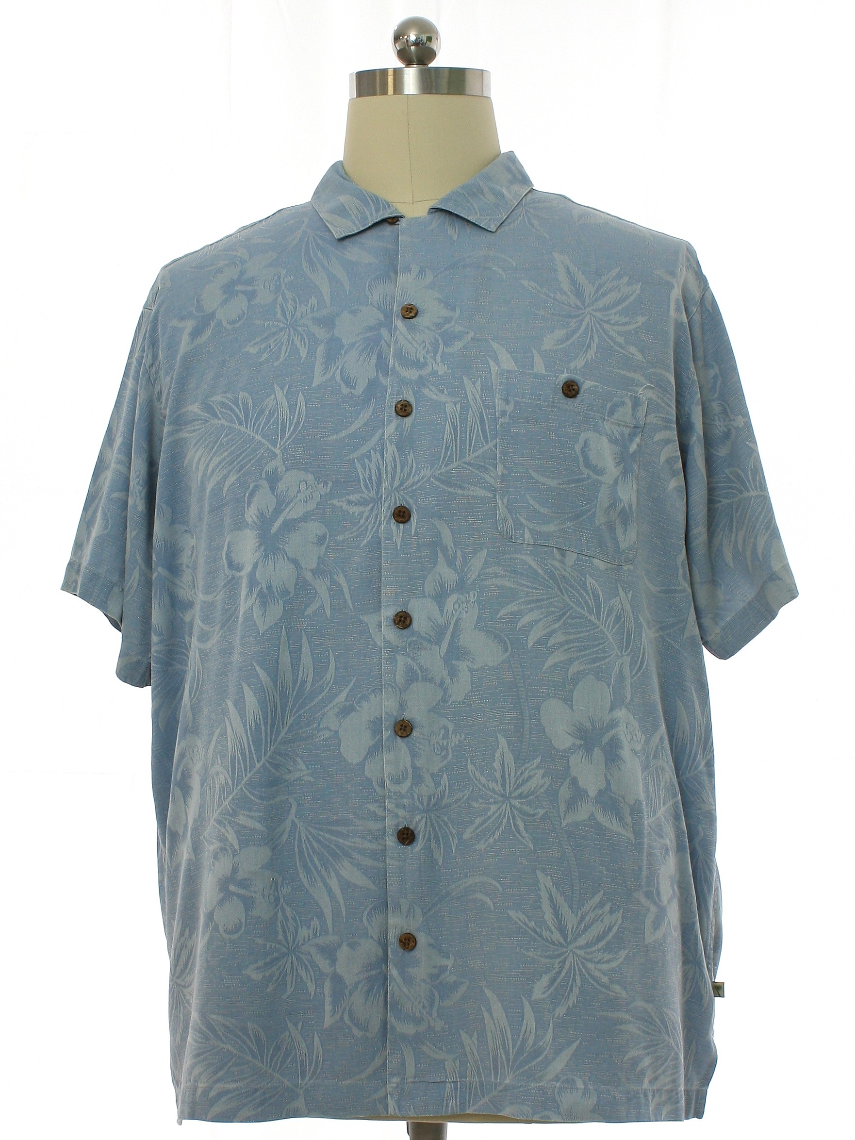 Shirt: 90s -Island Shores- Mens sky blue background silk short sleeve ...